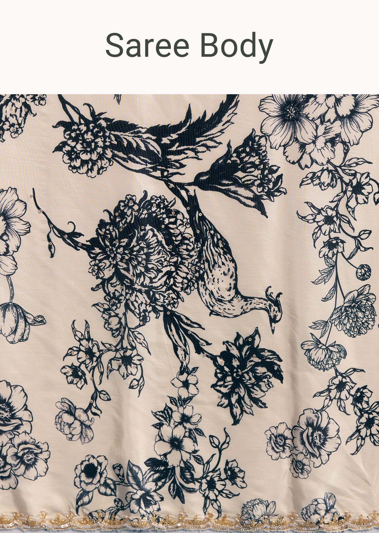 Cream Crepe Saree With Black Floral Print And Embroidery