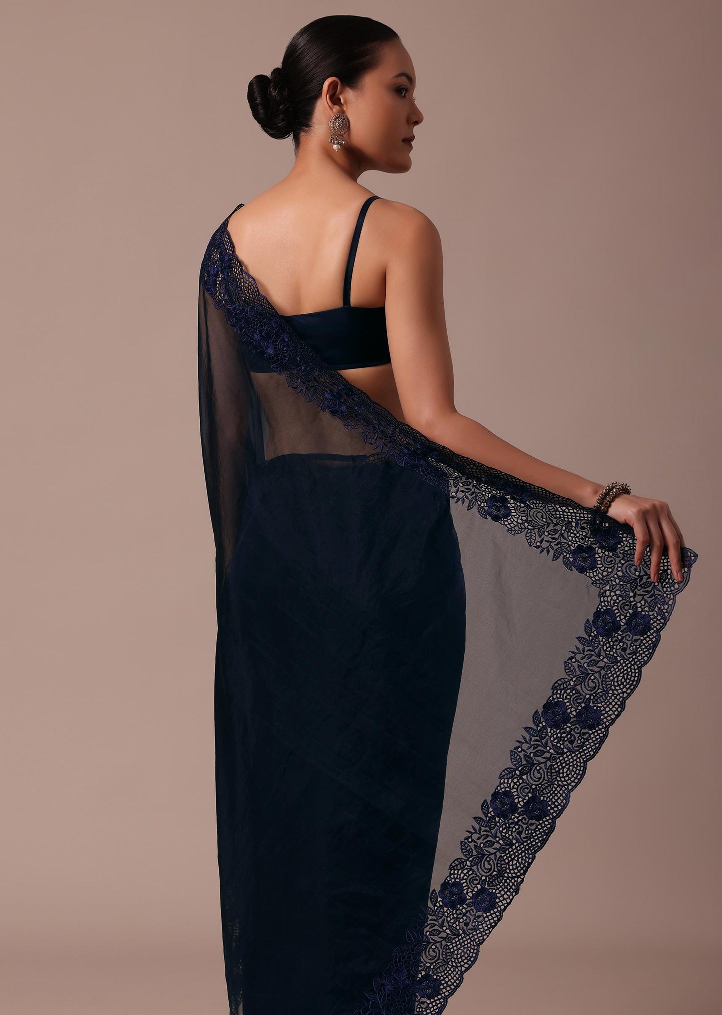 Dark Blue Organza Embroidered Saree With Unstitched Blouse