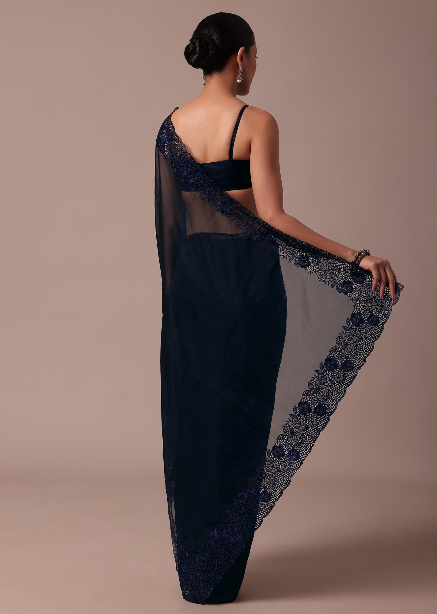 Dark Blue Organza Embroidered Saree With Unstitched Blouse