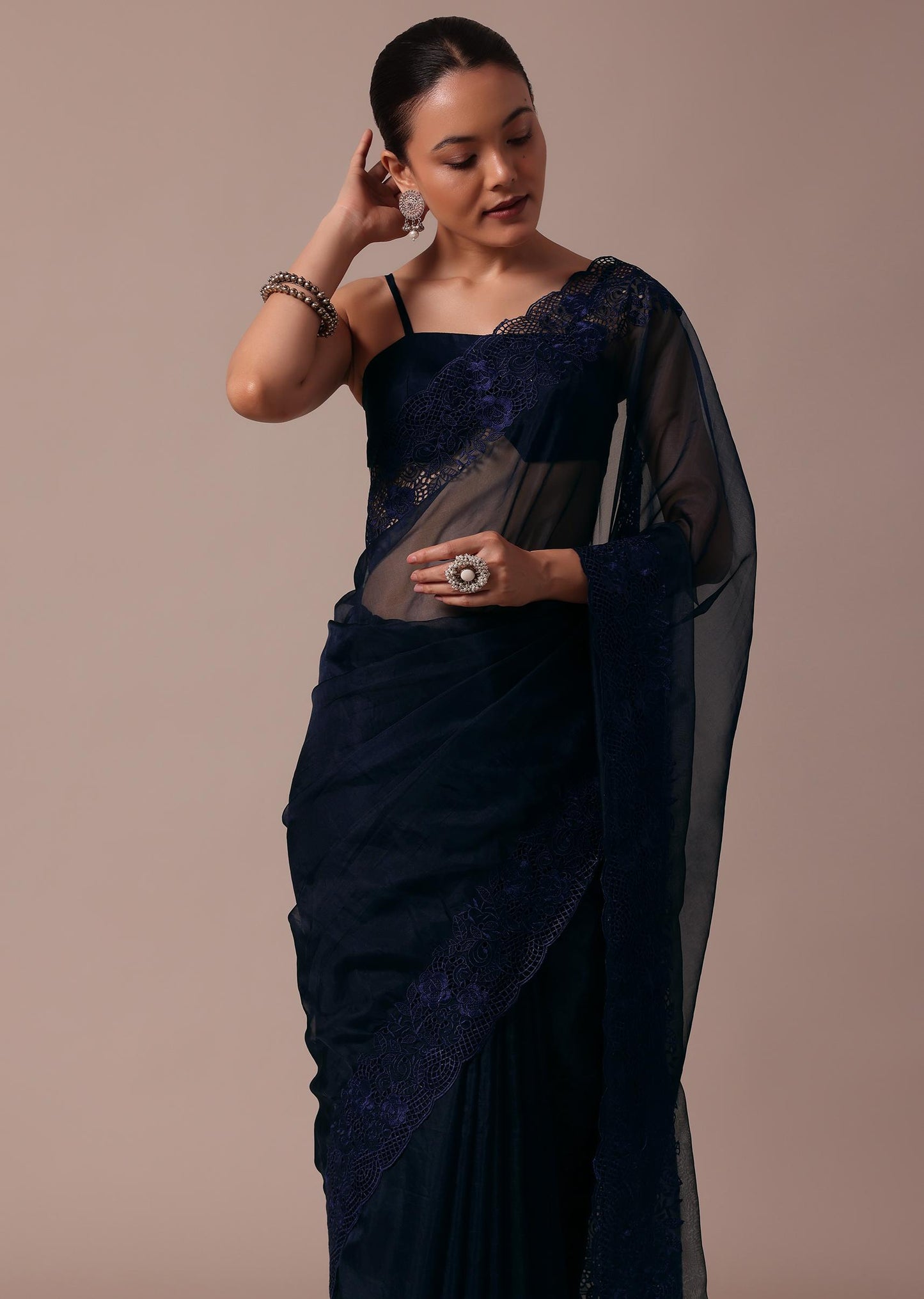 Dark Blue Organza Embroidered Saree With Unstitched Blouse