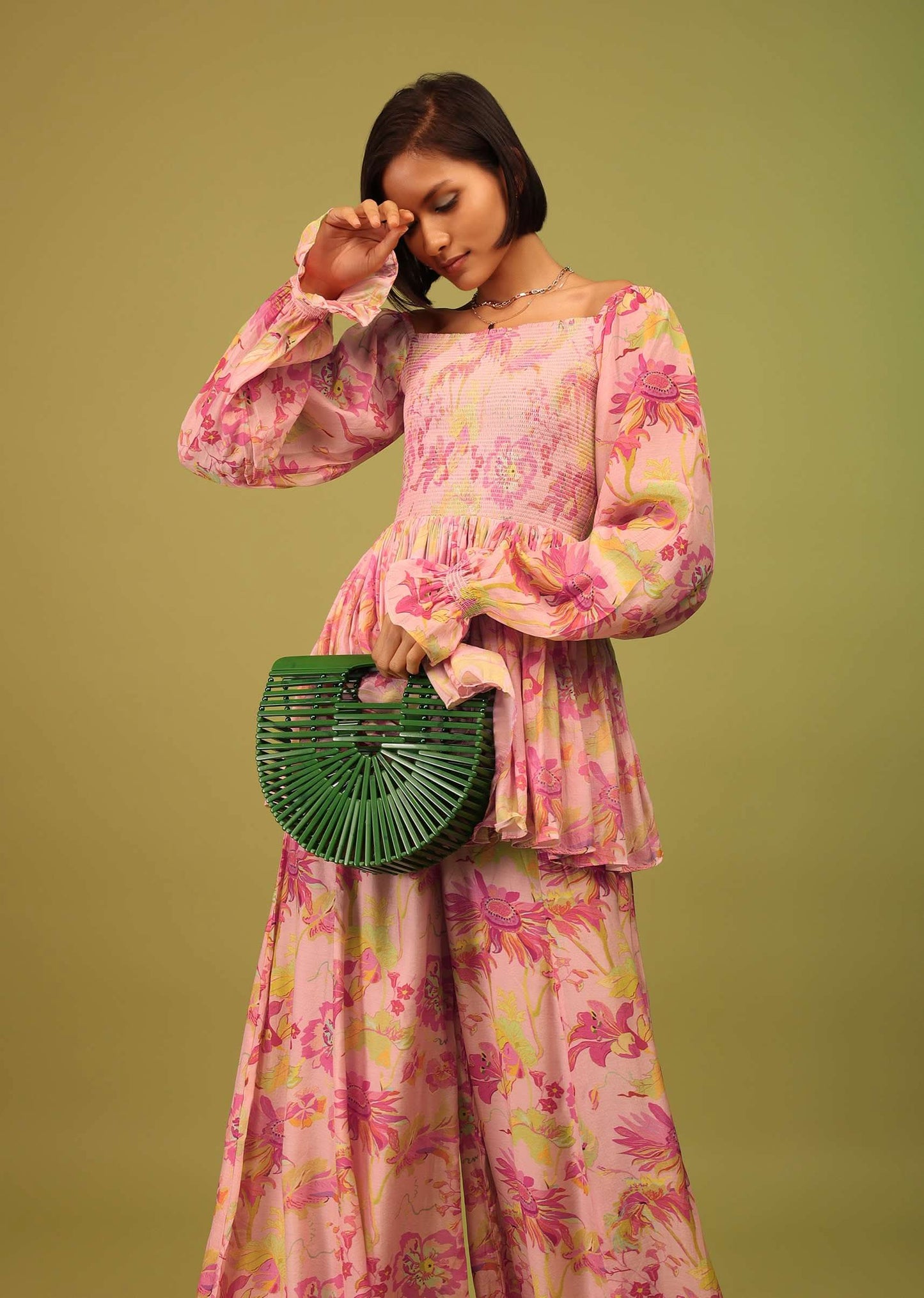 Candy Pink Print Top And Palazzo In Crepe With Off-shoulder Neckline And Smocking Bodice Online - RE By Kalki