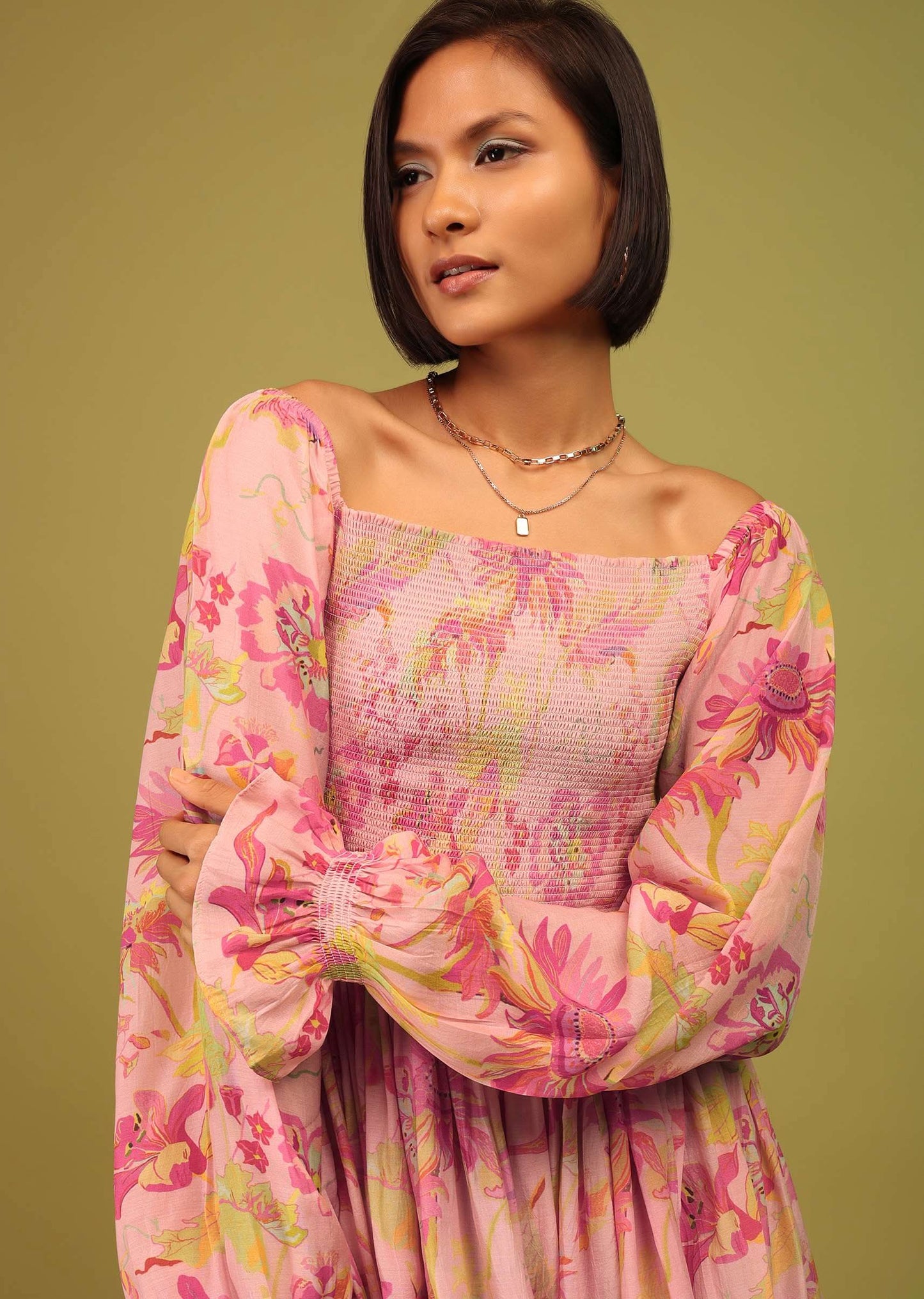 Candy Pink Print Top And Palazzo In Crepe With Off-shoulder Neckline And Smocking Bodice Online - RE By Kalki