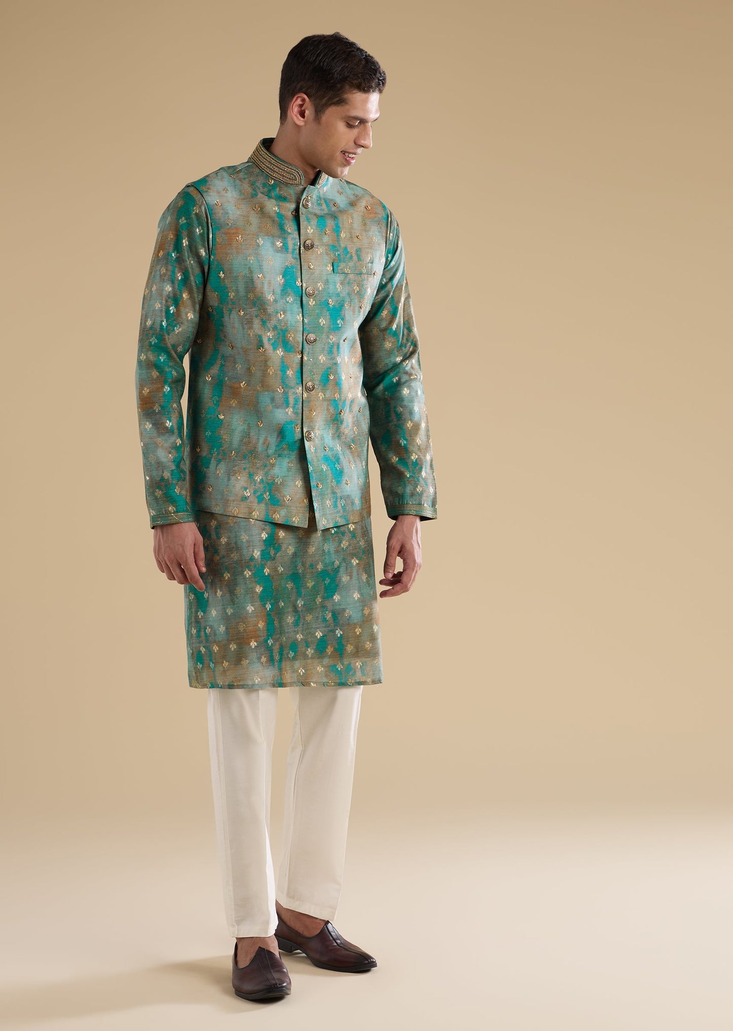 Green Embellished Silk Kurta An Jackets Set