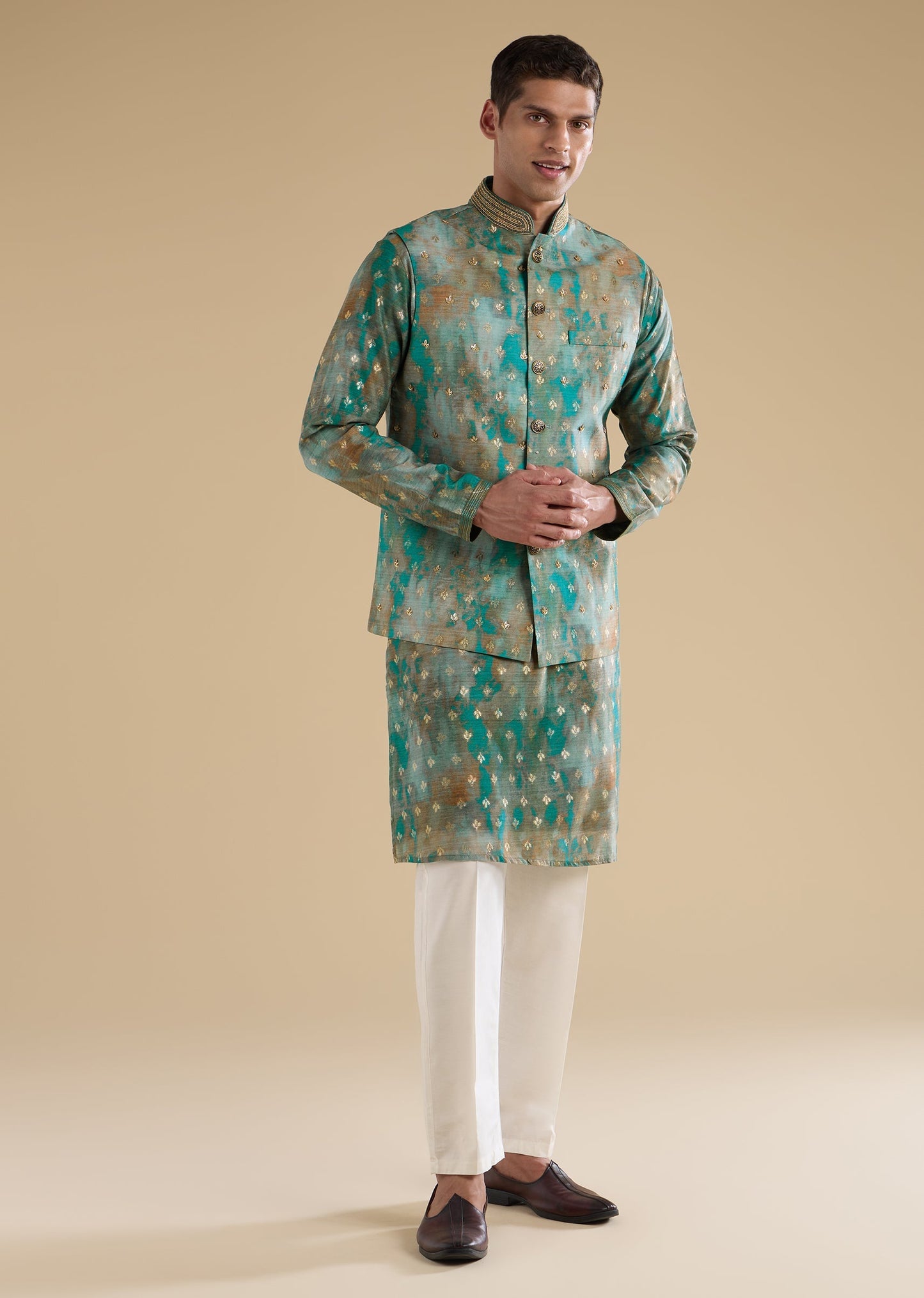 Green Embellished Silk Kurta An Jackets Set