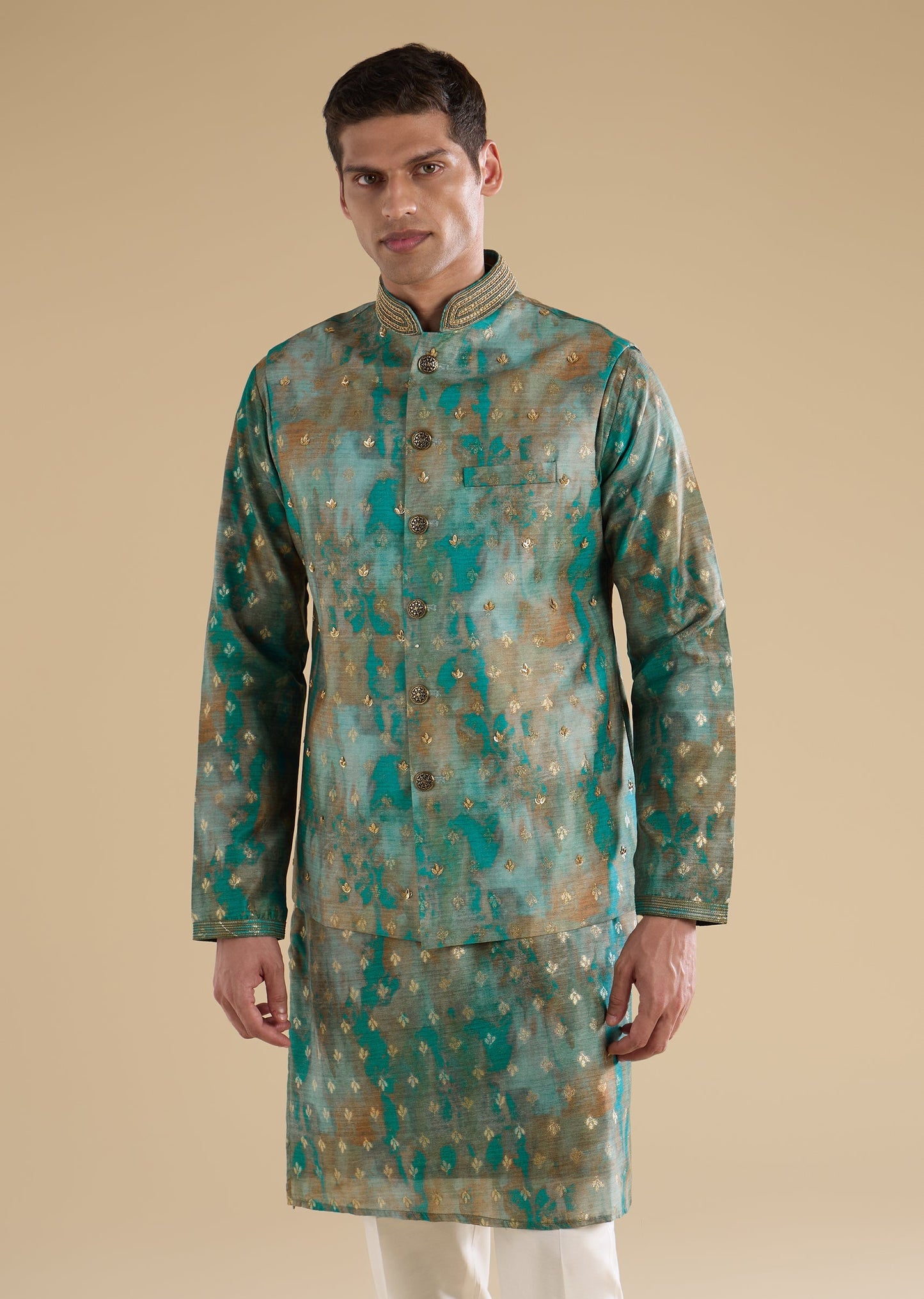 Green Embellished Silk Kurta An Jackets Set