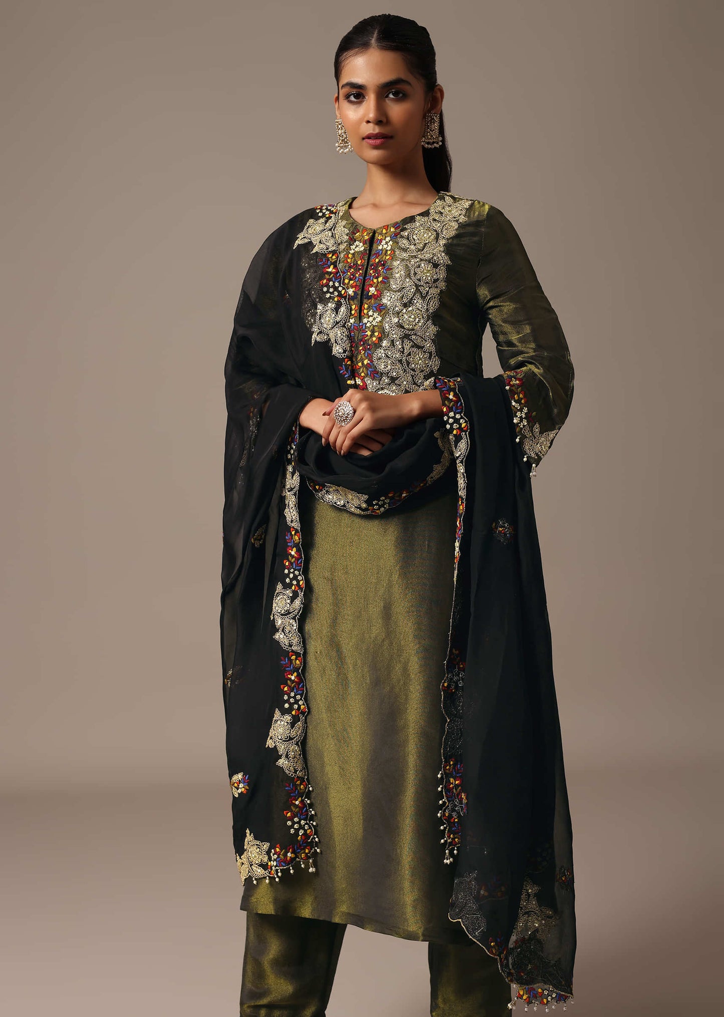 Green Embroidered Kurta Pant Set With Dupatta