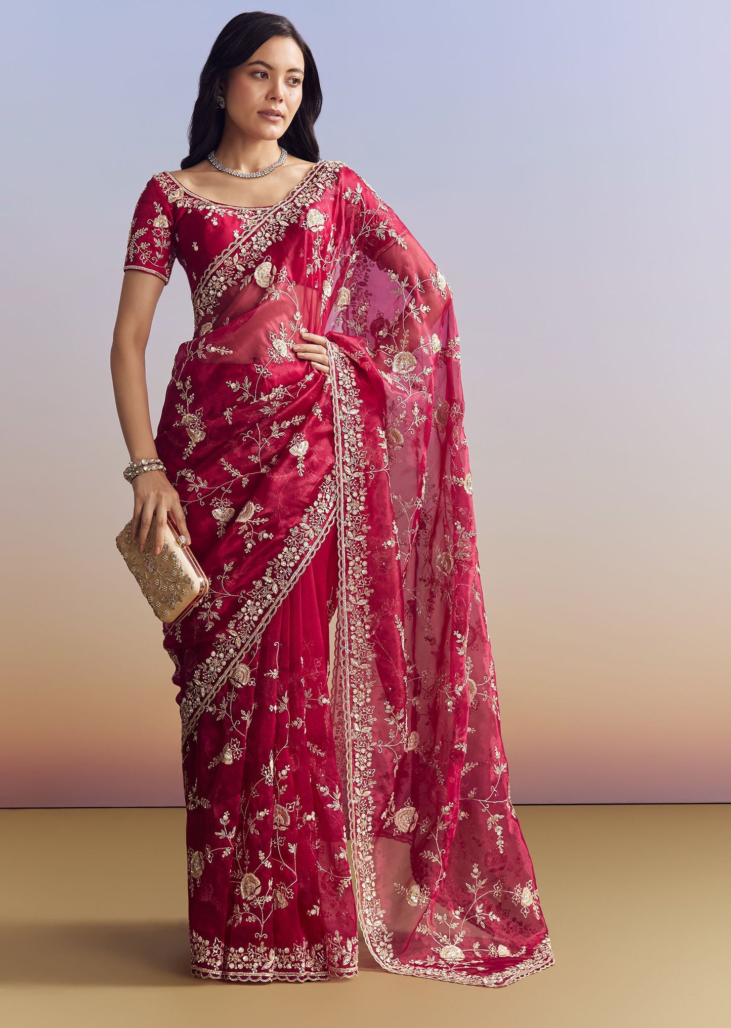 Hot Pink Satin Saree With Floral Embroidery In Sequins And Cutdana