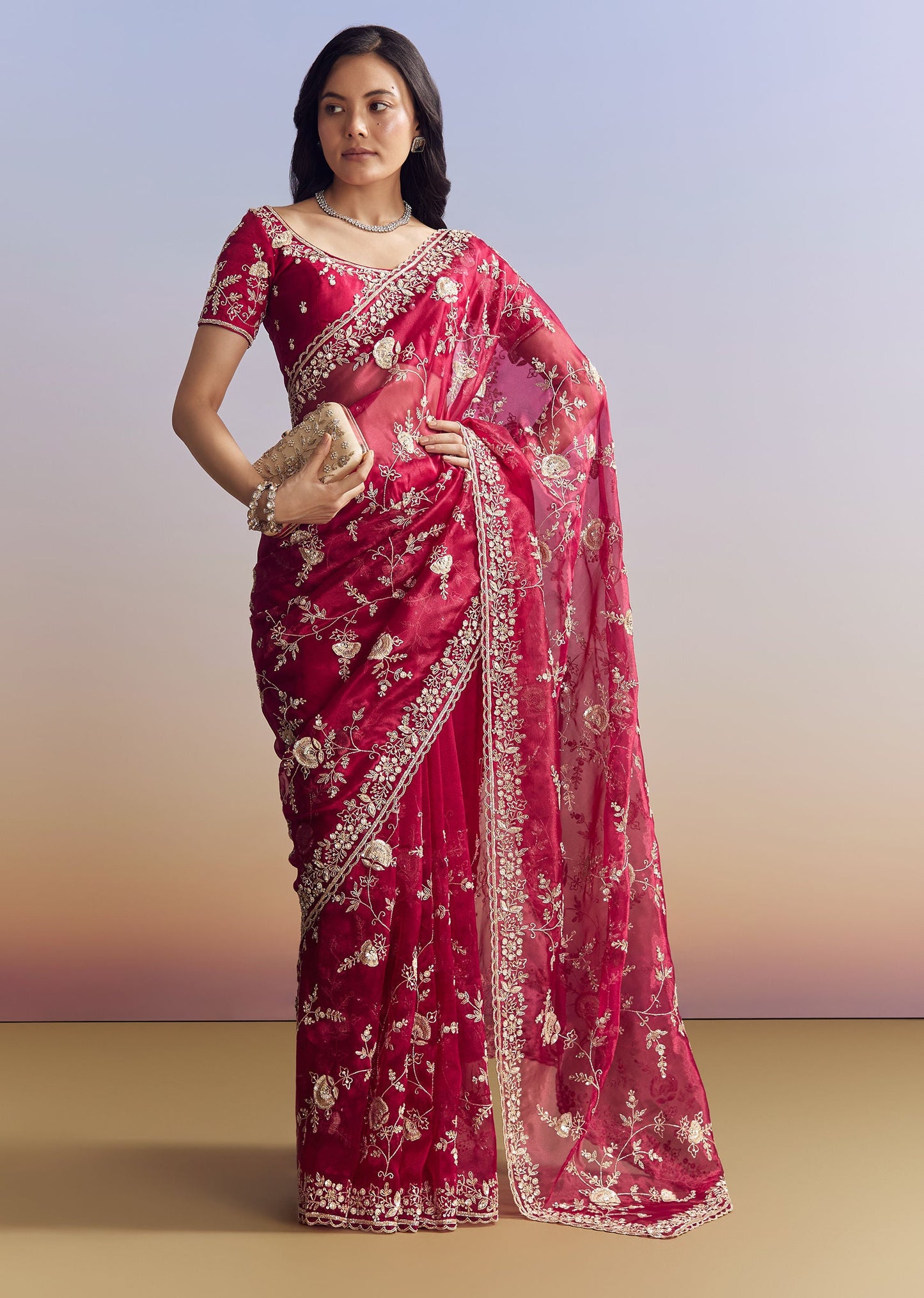 Hot Pink Satin Saree With Floral Embroidery In Sequins And Cutdana