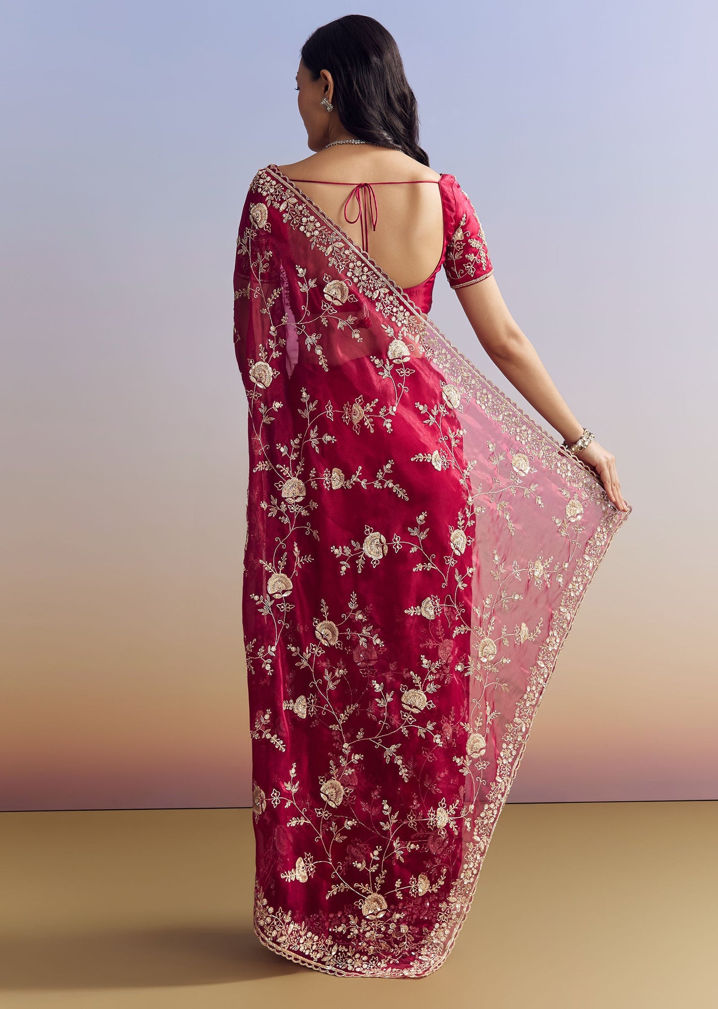 Hot Pink Satin Saree With Floral Embroidery In Sequins And Cutdana