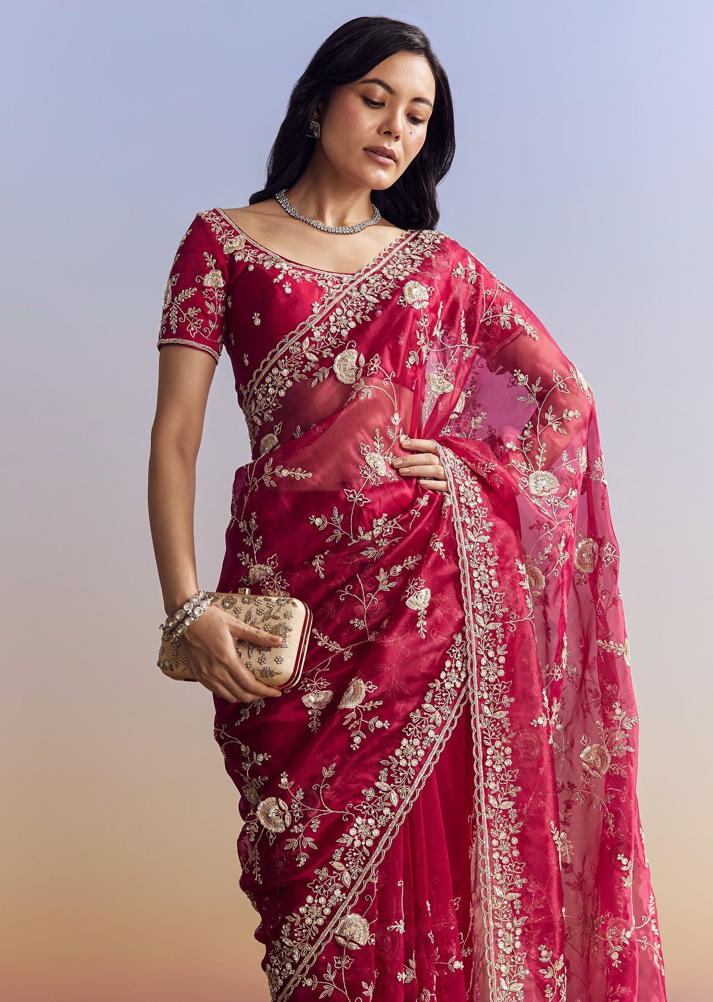 Hot Pink Satin Saree With Floral Embroidery In Sequins And Cutdana
