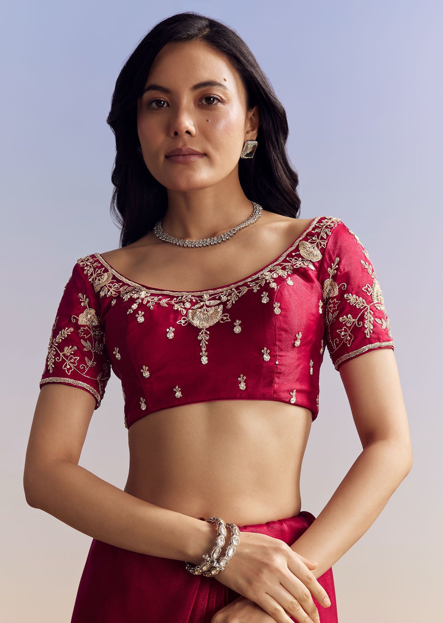 Hot Pink Satin Saree With Floral Embroidery In Sequins And Cutdana