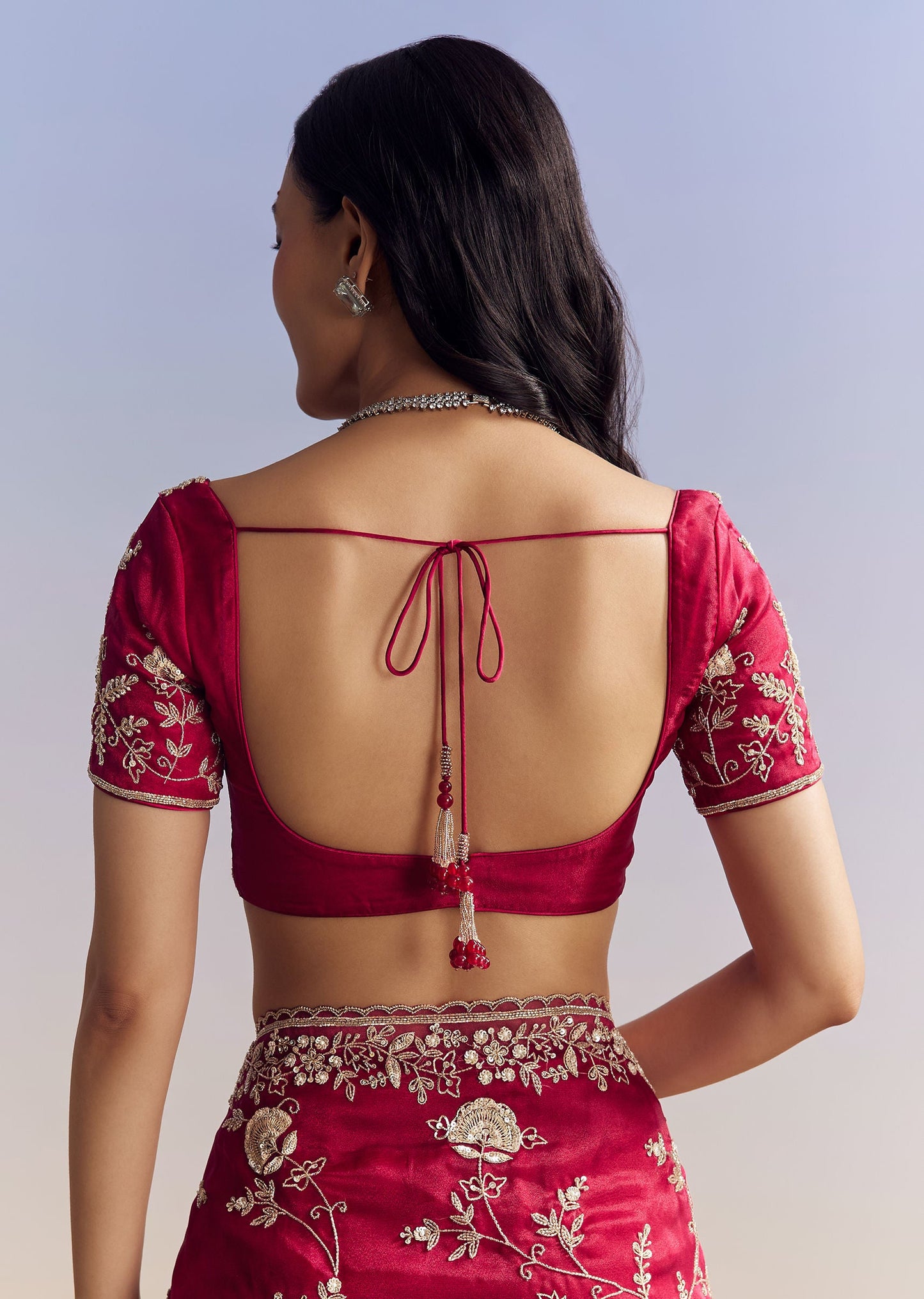 Hot Pink Satin Saree With Floral Embroidery In Sequins And Cutdana