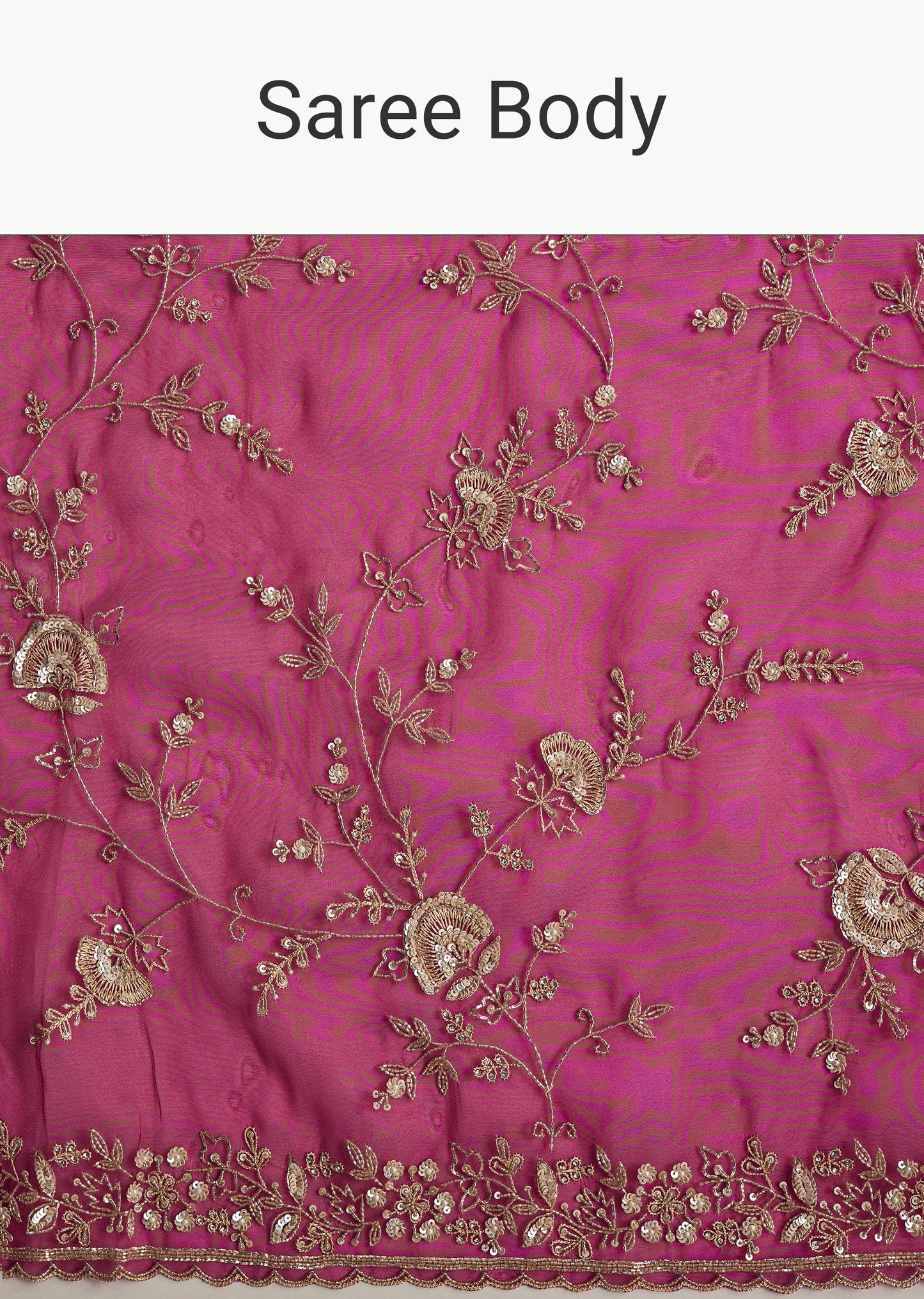 Hot Pink Satin Saree With Floral Embroidery In Sequins And Cutdana