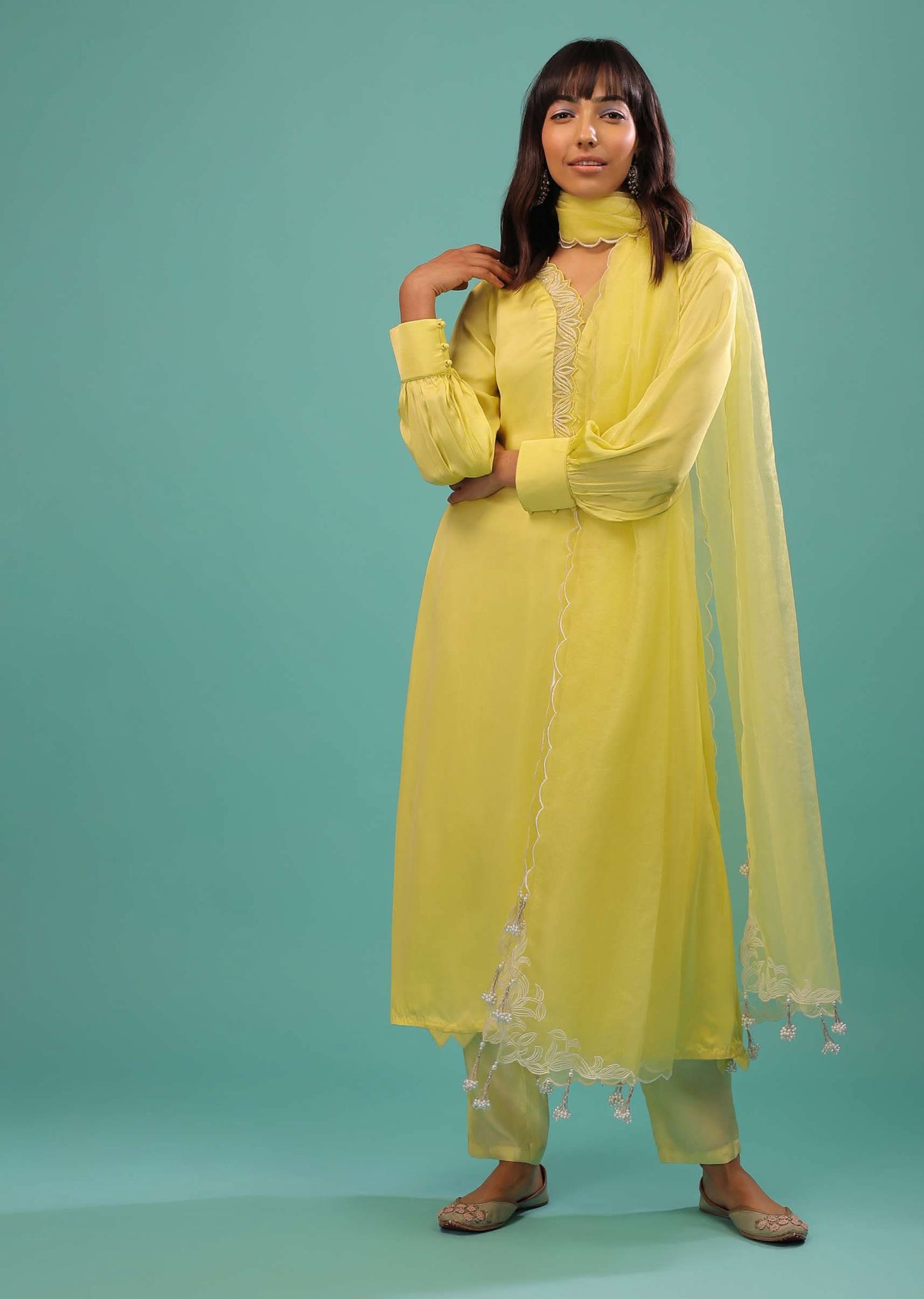 Lime Yellow Bemberg Silk A Line Suit In Organza