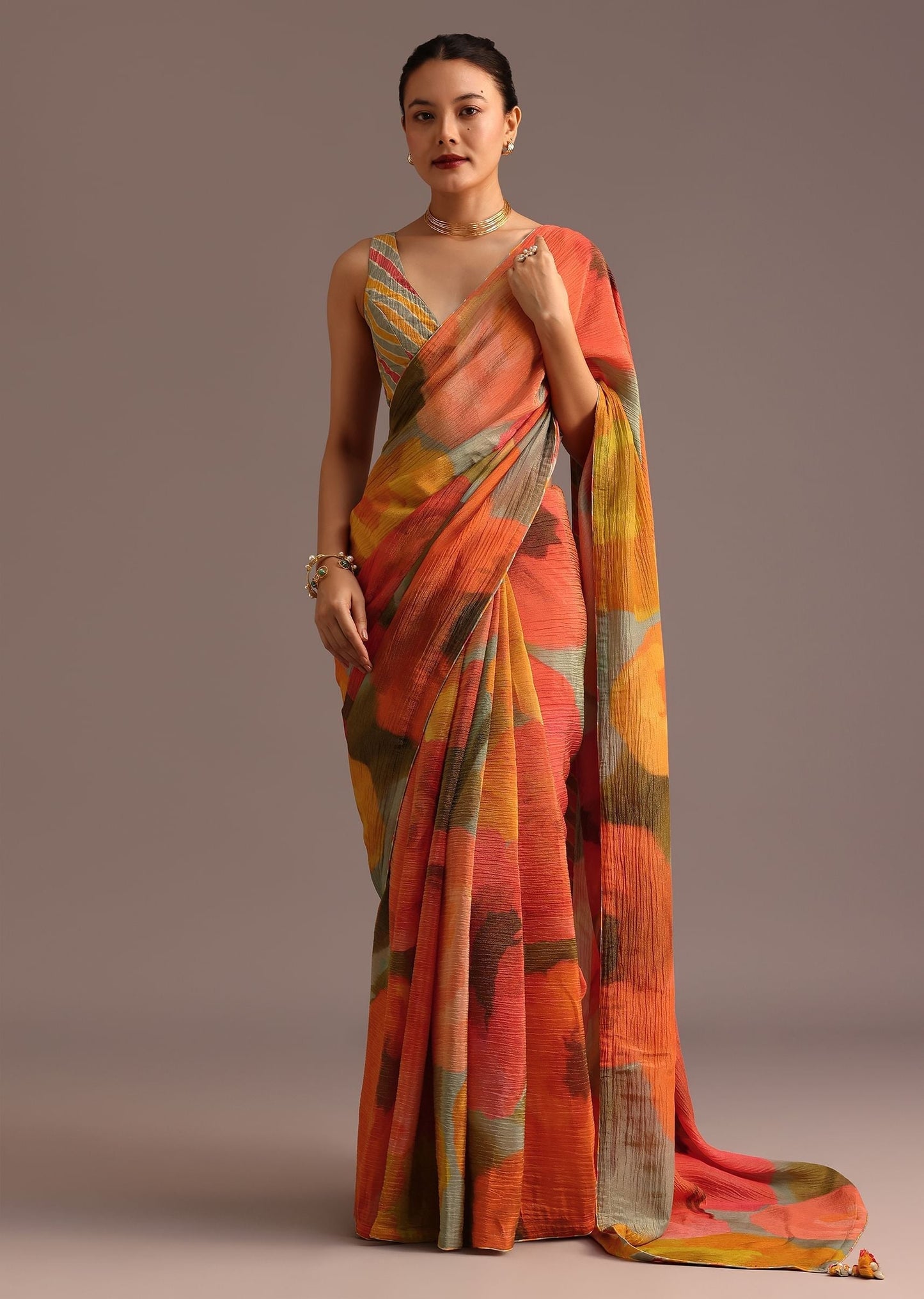 Orange Abstract Printed Crush Ready To Wear Saree