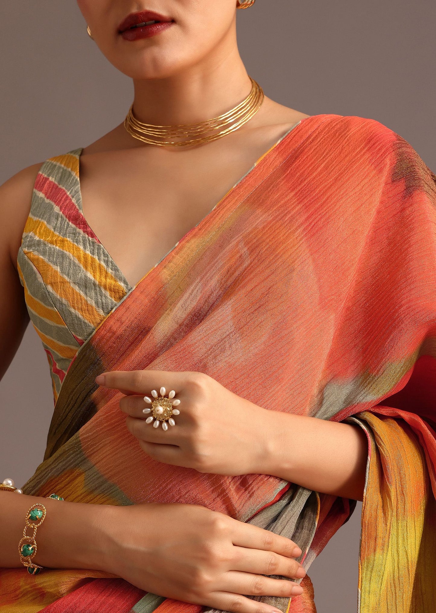Orange Abstract Printed Crush Ready To Wear Saree