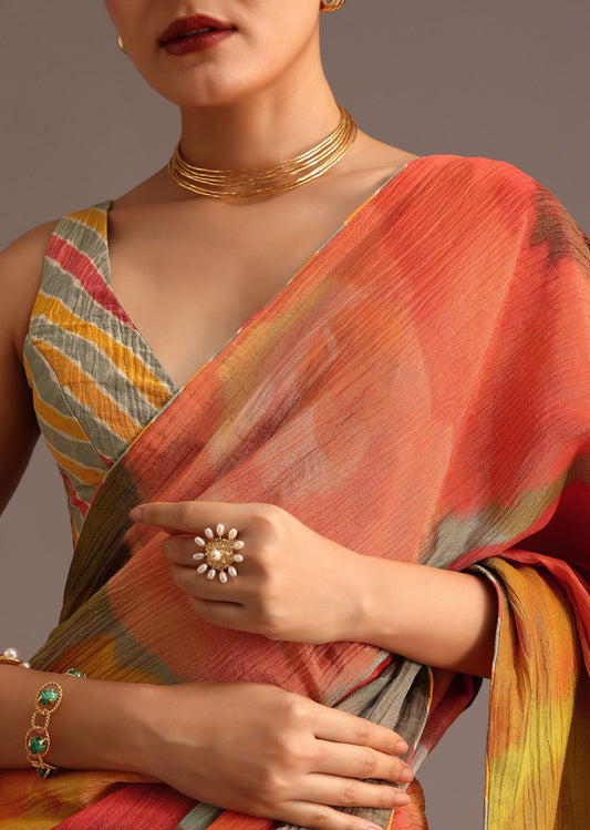 Orange Abstract Printed Crush Ready To Wear Saree