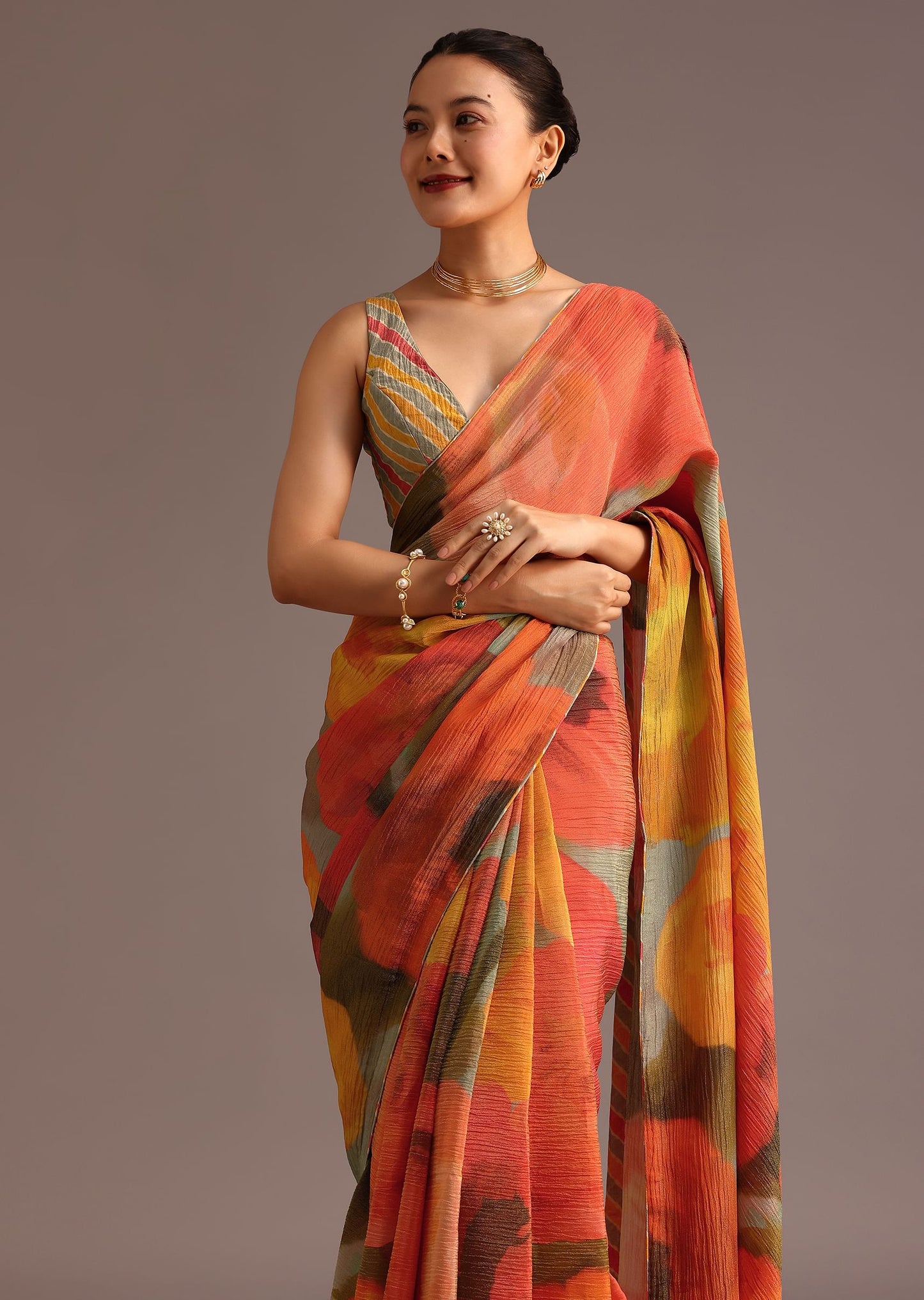 Orange Abstract Printed Crush Ready To Wear Saree