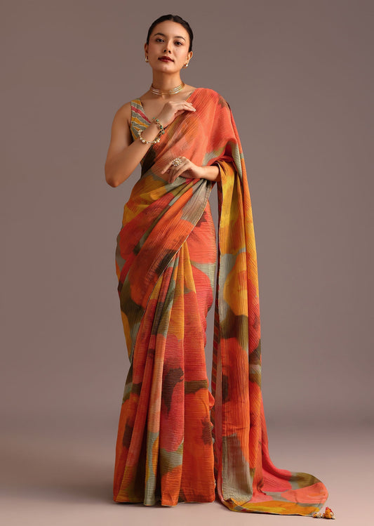 Orange Abstract Printed Crush Ready To Wear Saree