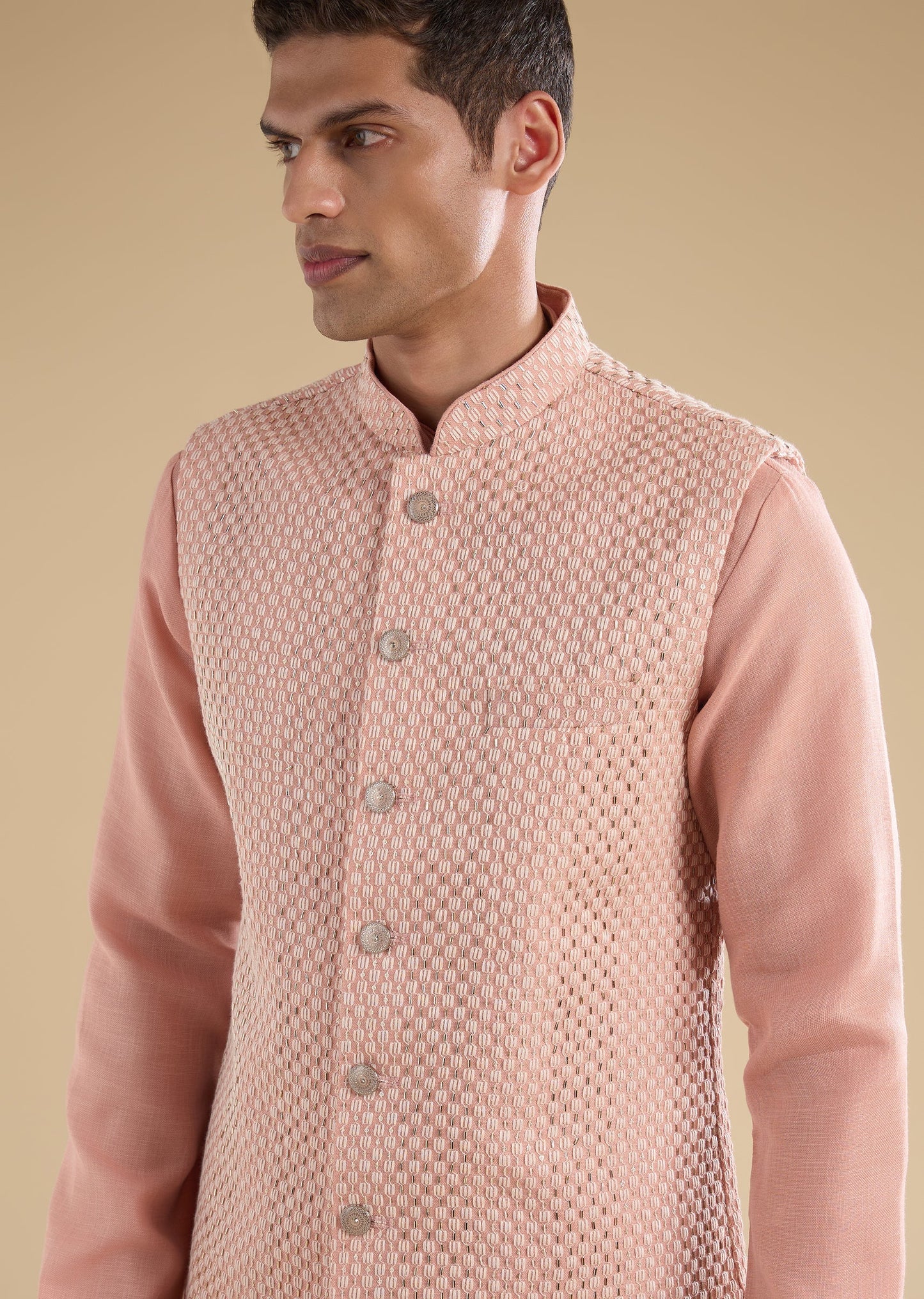 Peach Embroidered Silk Kurta Jacket Set