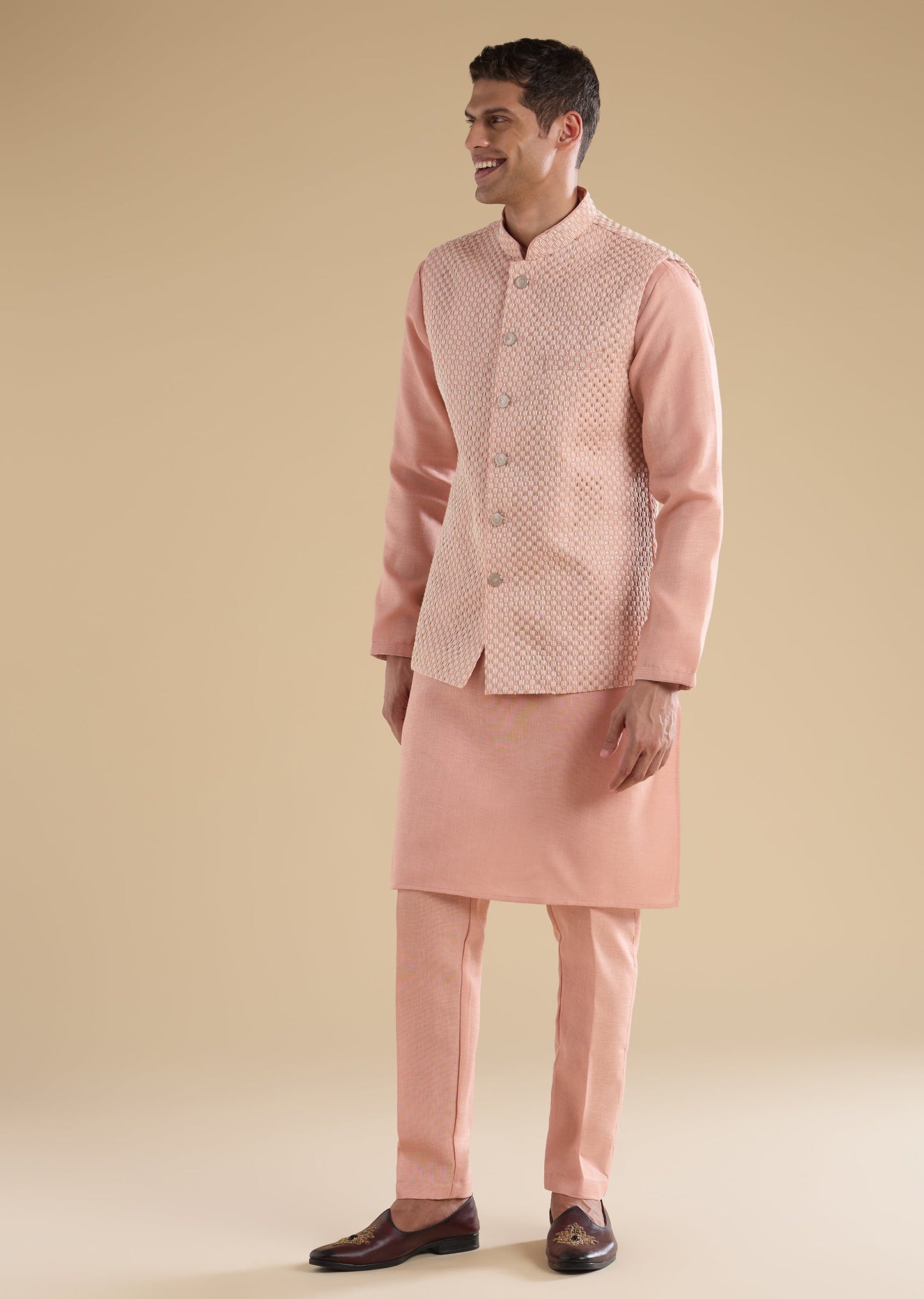 Peach Embroidered Silk Kurta Jacket Set