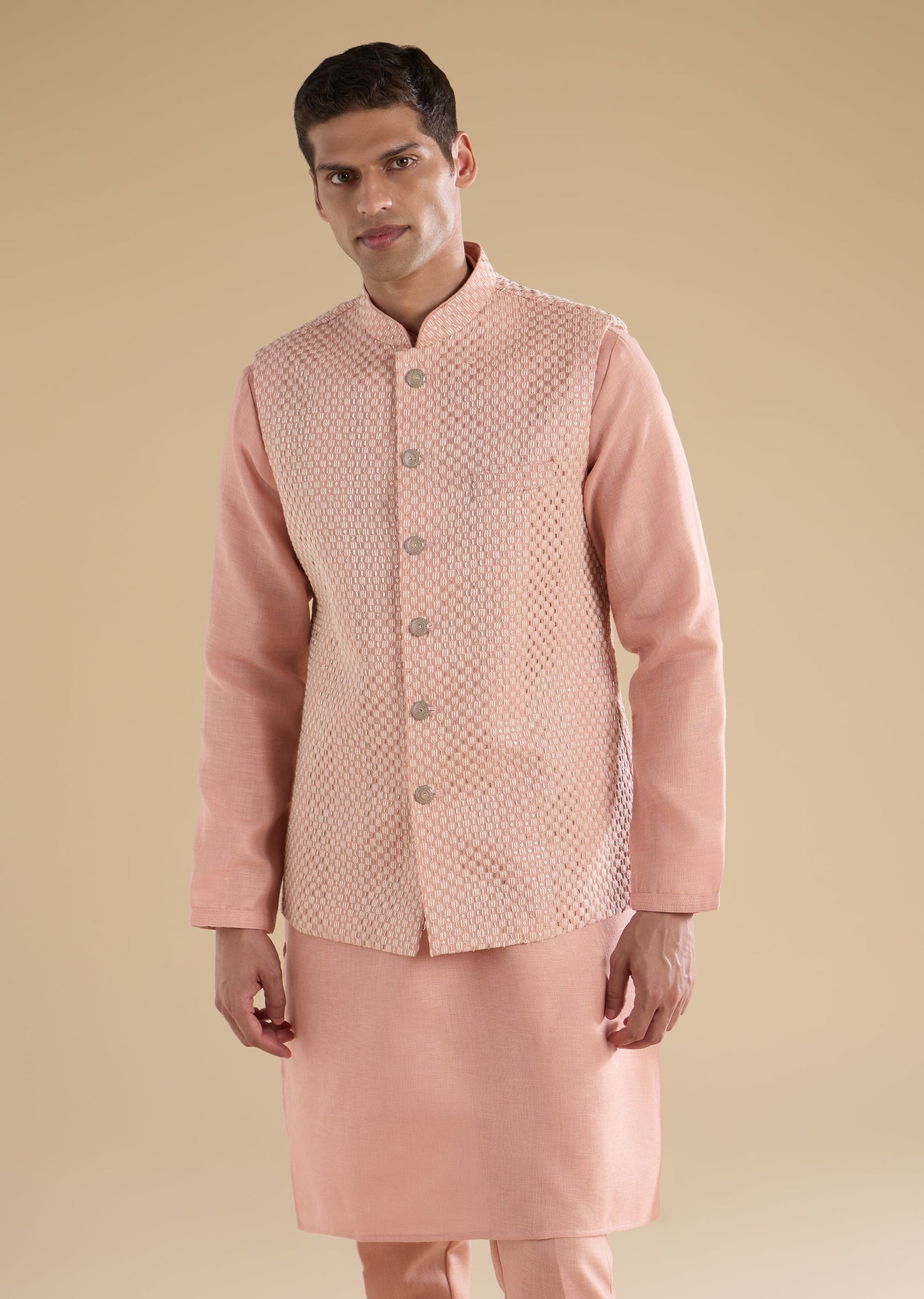 Peach Embroidered Silk Kurta Jacket Set