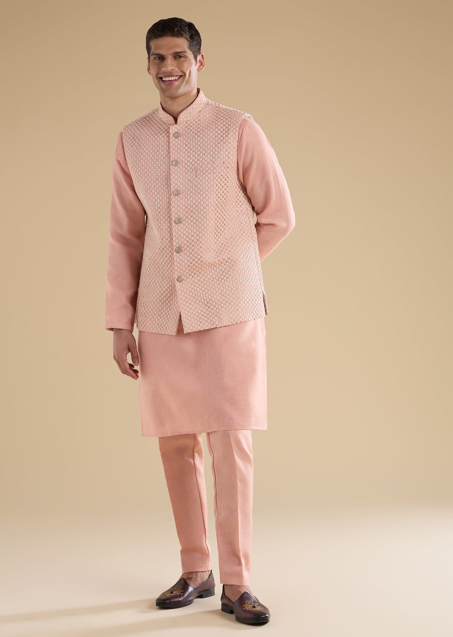 Peach Embroidered Silk Kurta Jacket Set