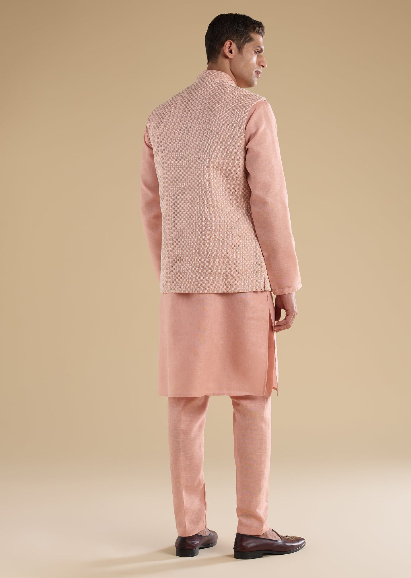 Peach Embroidered Silk Kurta Jacket Set