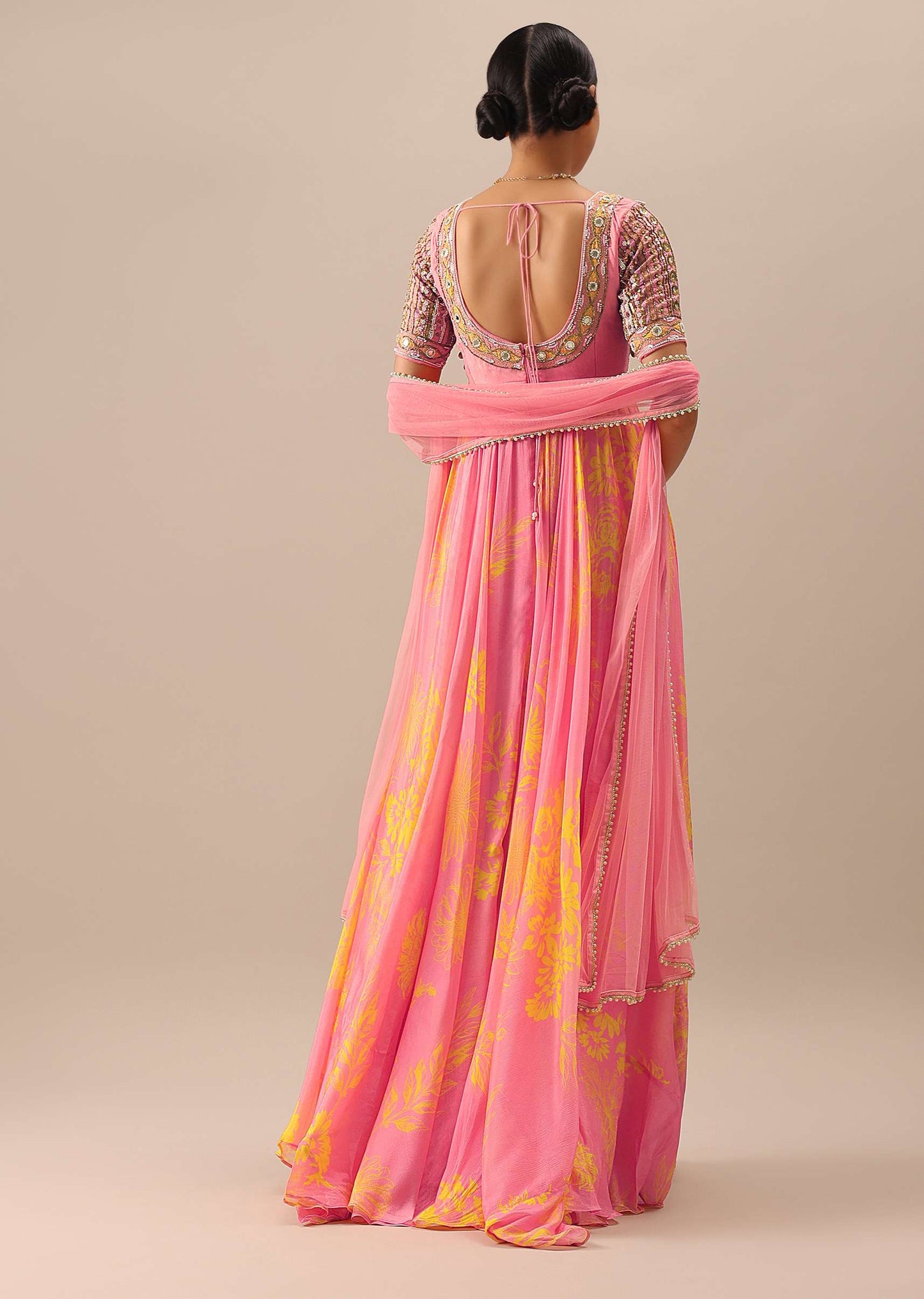 Pink Anarkali With Net Dupatta And Shell Work