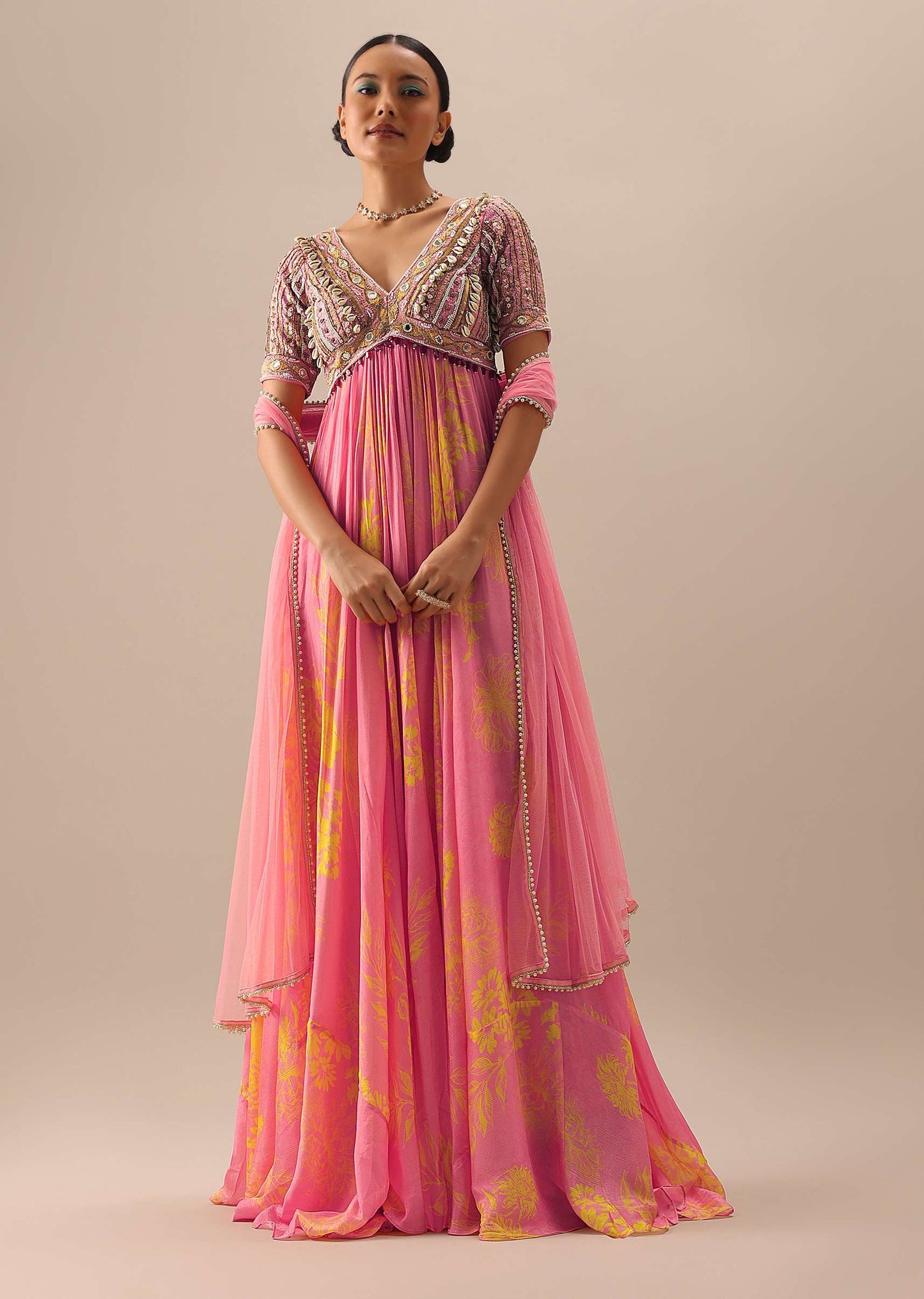 Pink Anarkali With Net Dupatta And Shell Work