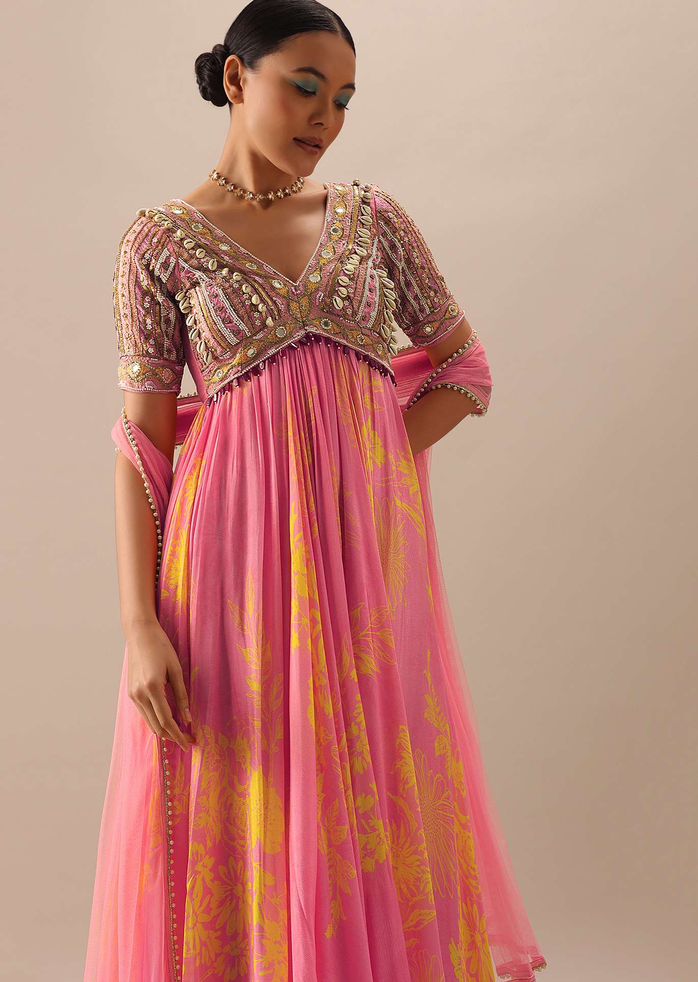 Pink Anarkali With Net Dupatta And Shell Work