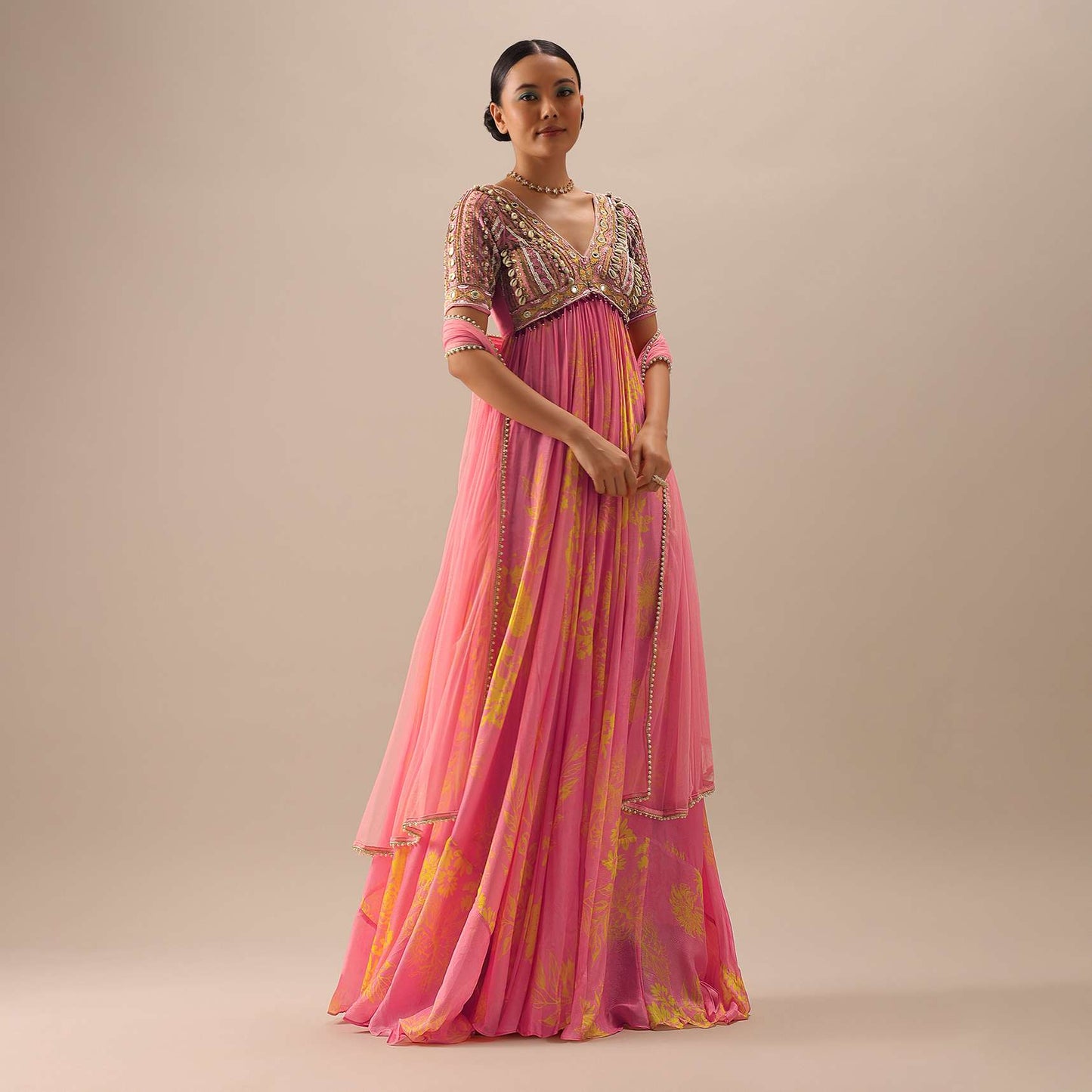 Pink Anarkali With Net Dupatta And Shell Work