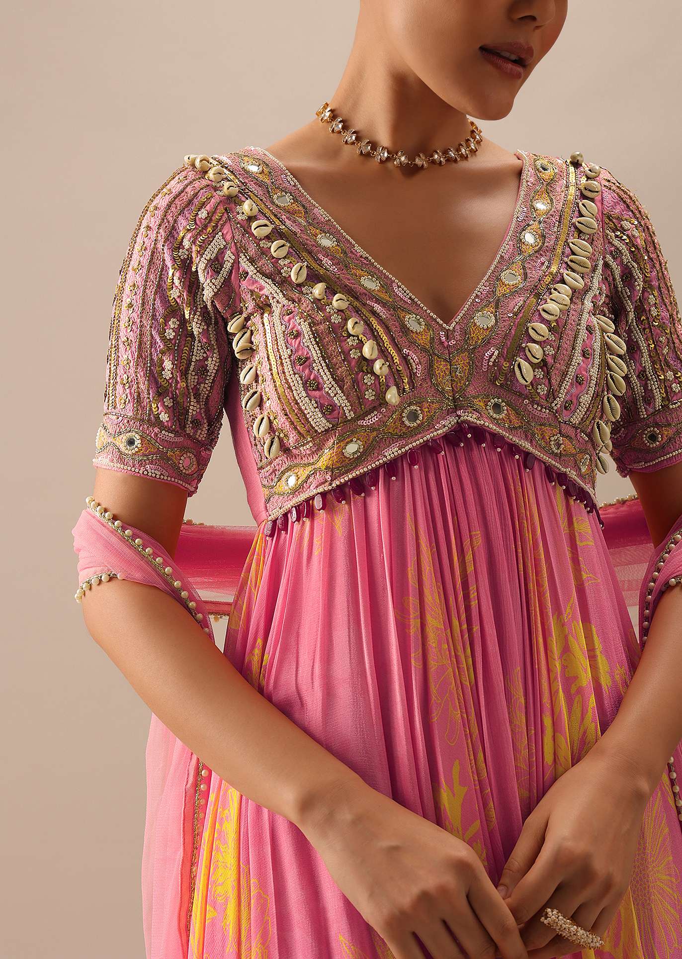 Pink Anarkali With Net Dupatta And Shell Work
