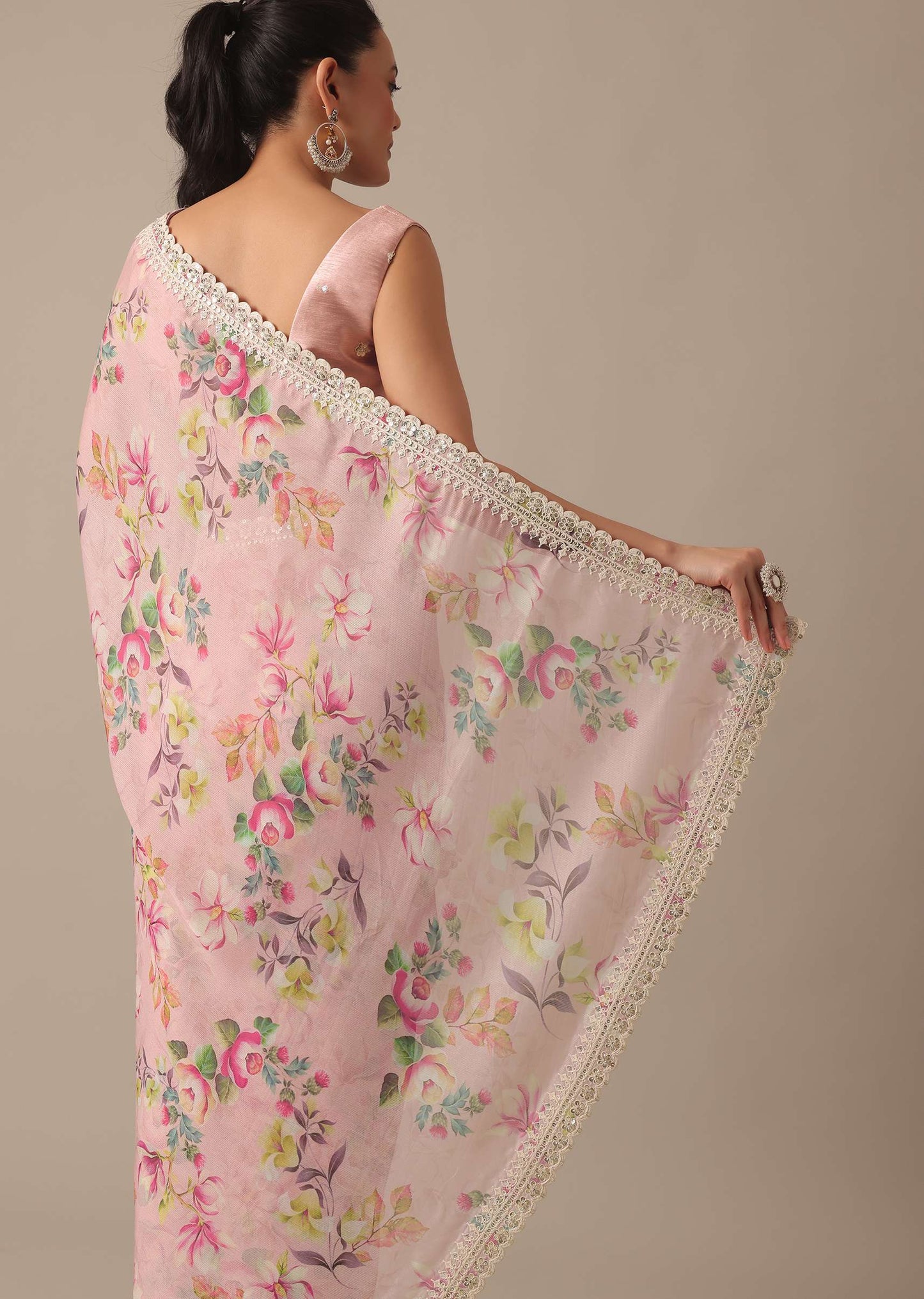 Pink Chiffon Ready To Wear Saree With Floral Prints And Stitched Blouse Piece