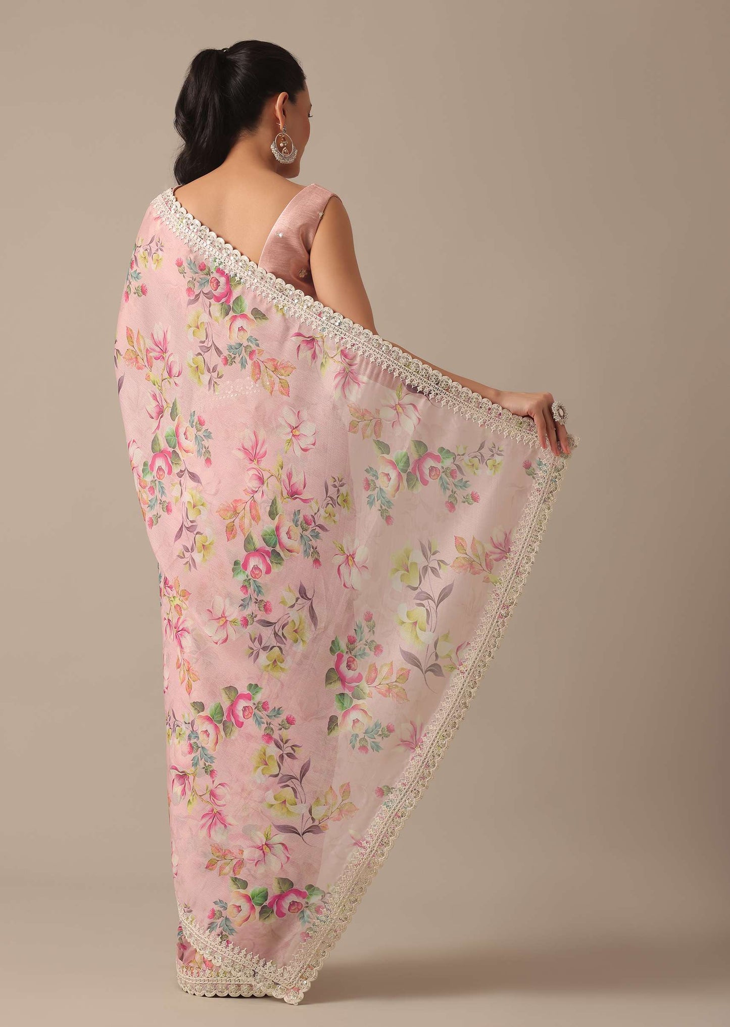 Pink Chiffon Saree With Floral Prints And Unstitched Blouse Piece