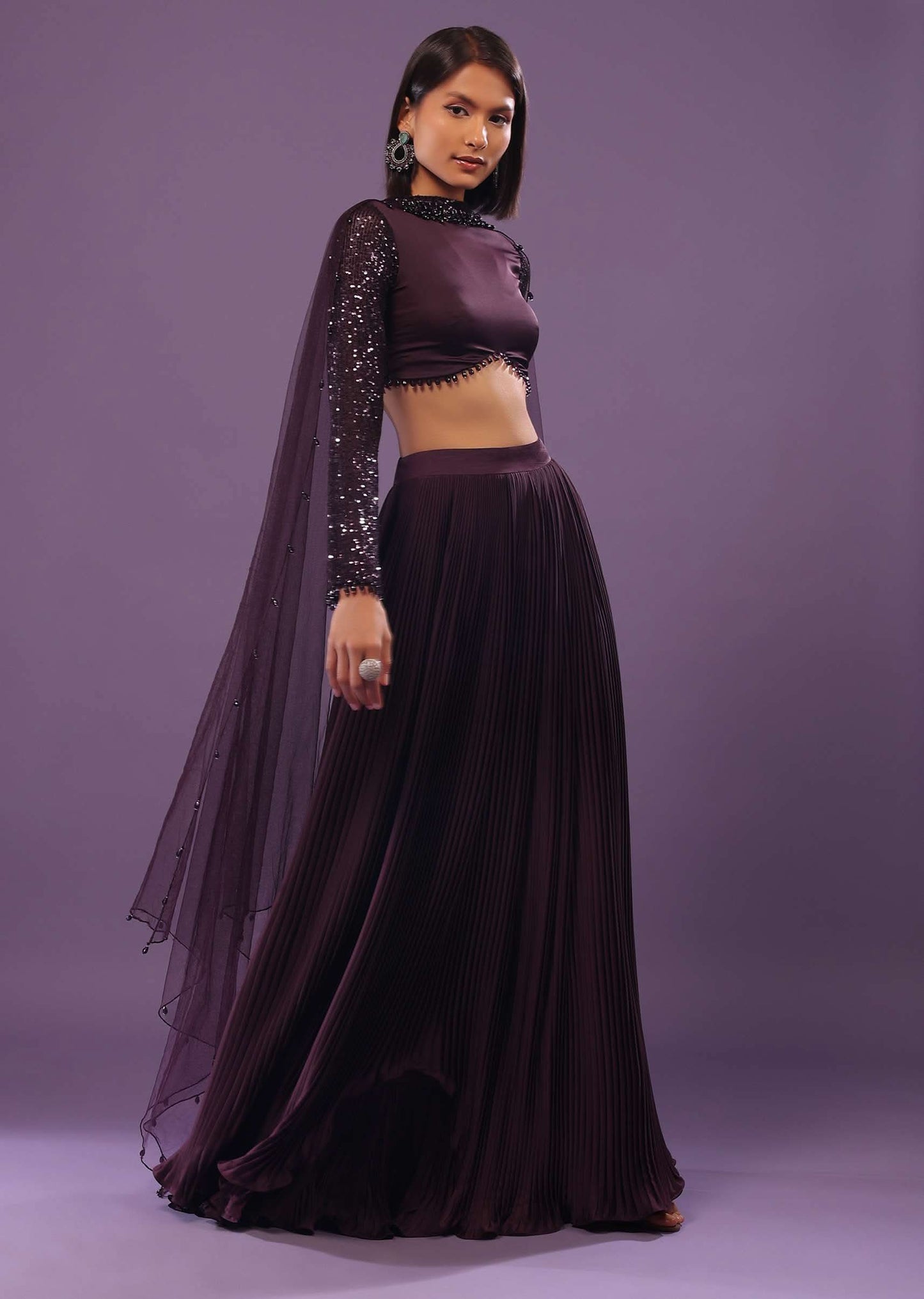 Wine Purple Embroidered Lehenga Set In Satin