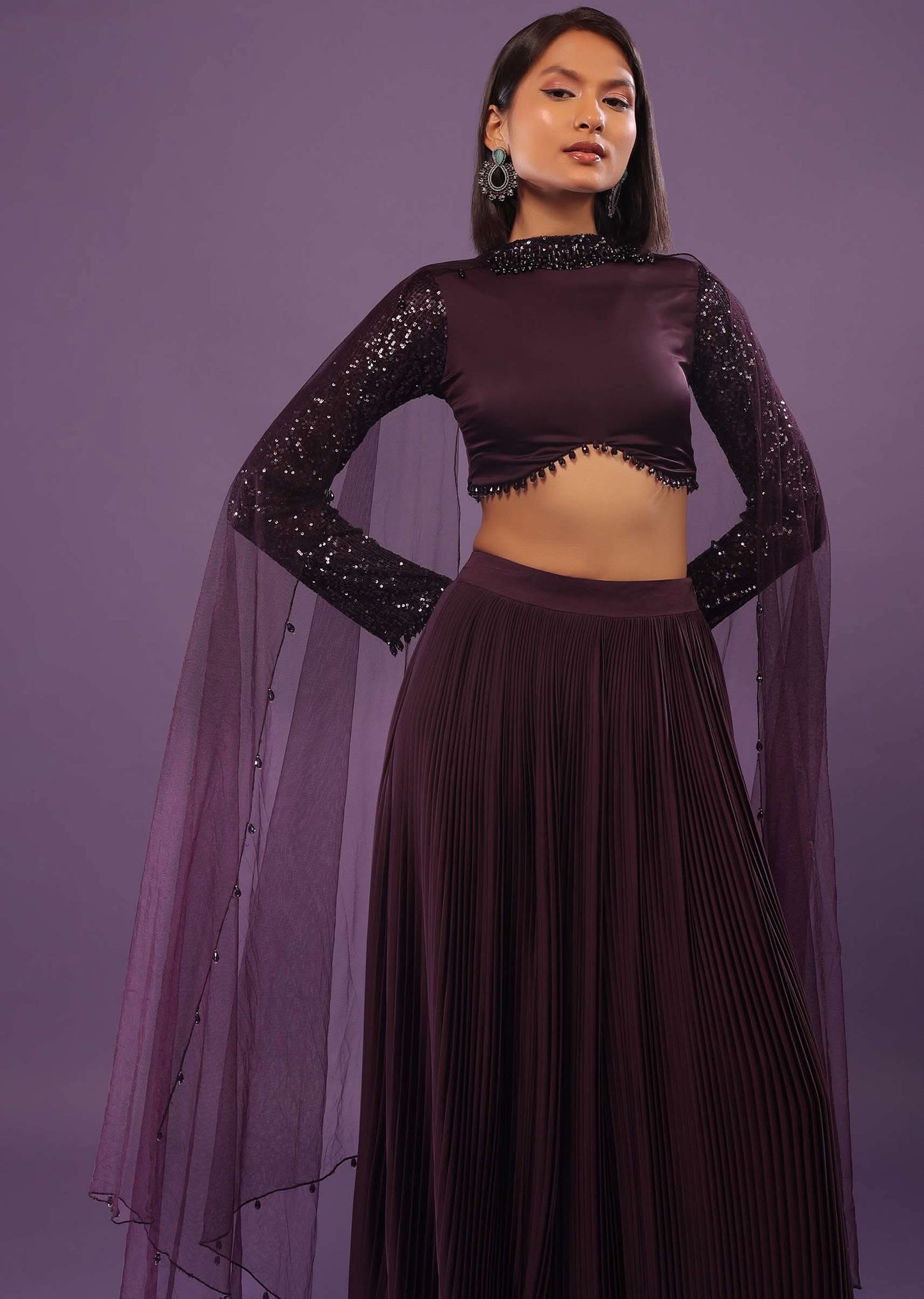Wine Purple Embroidered Lehenga Set In Satin
