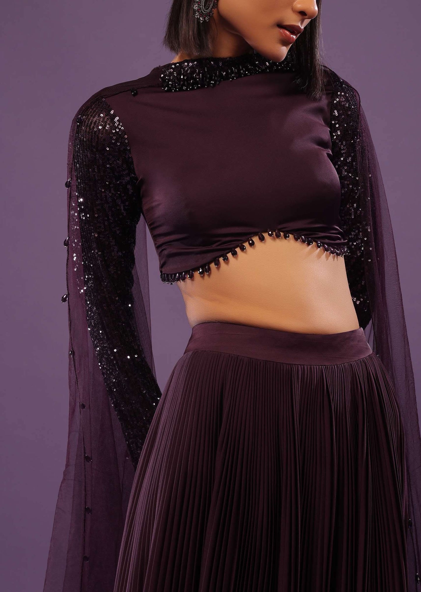 Wine Purple Embroidered Lehenga Set In Satin