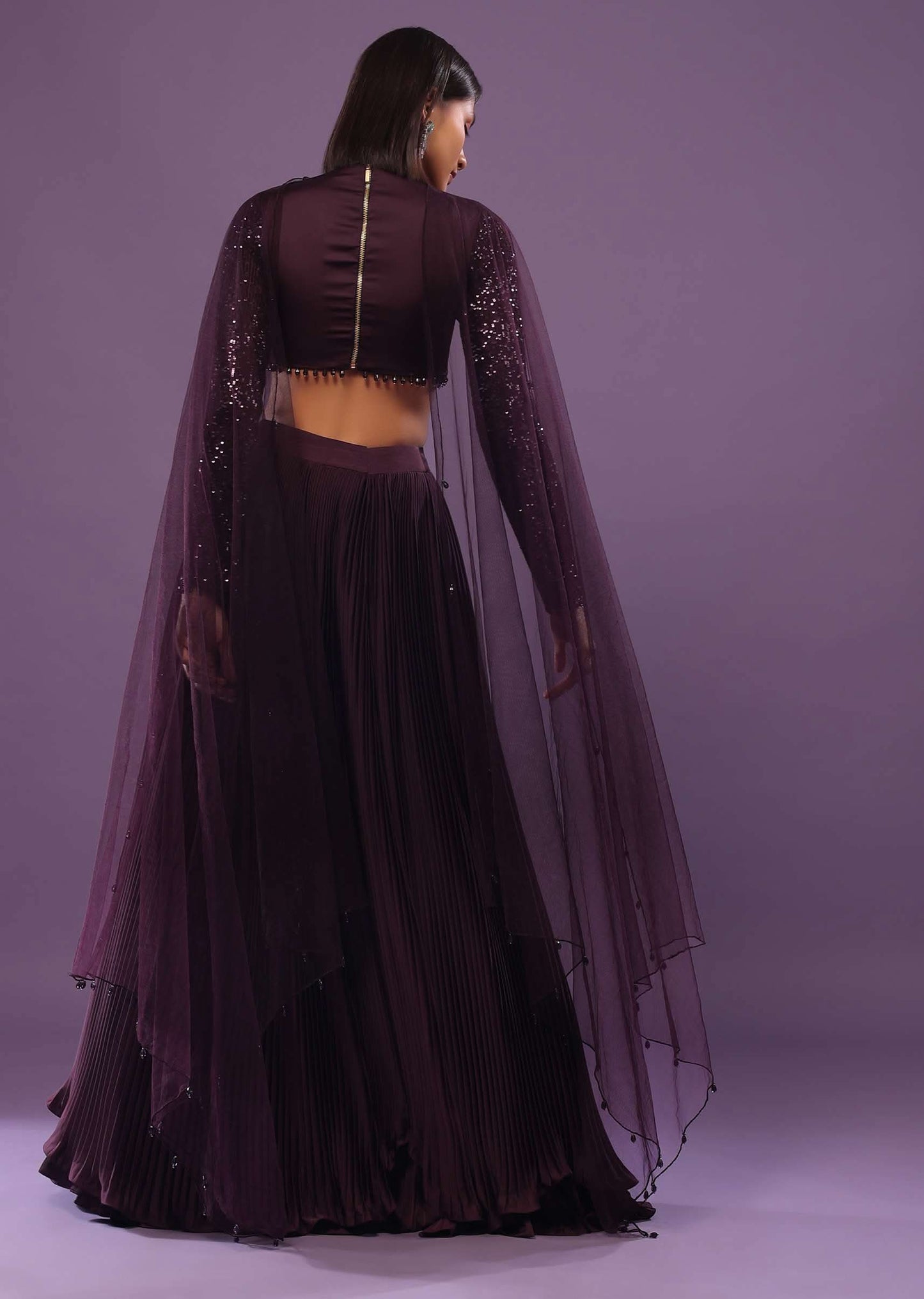 Wine Purple Embroidered Lehenga Set In Satin