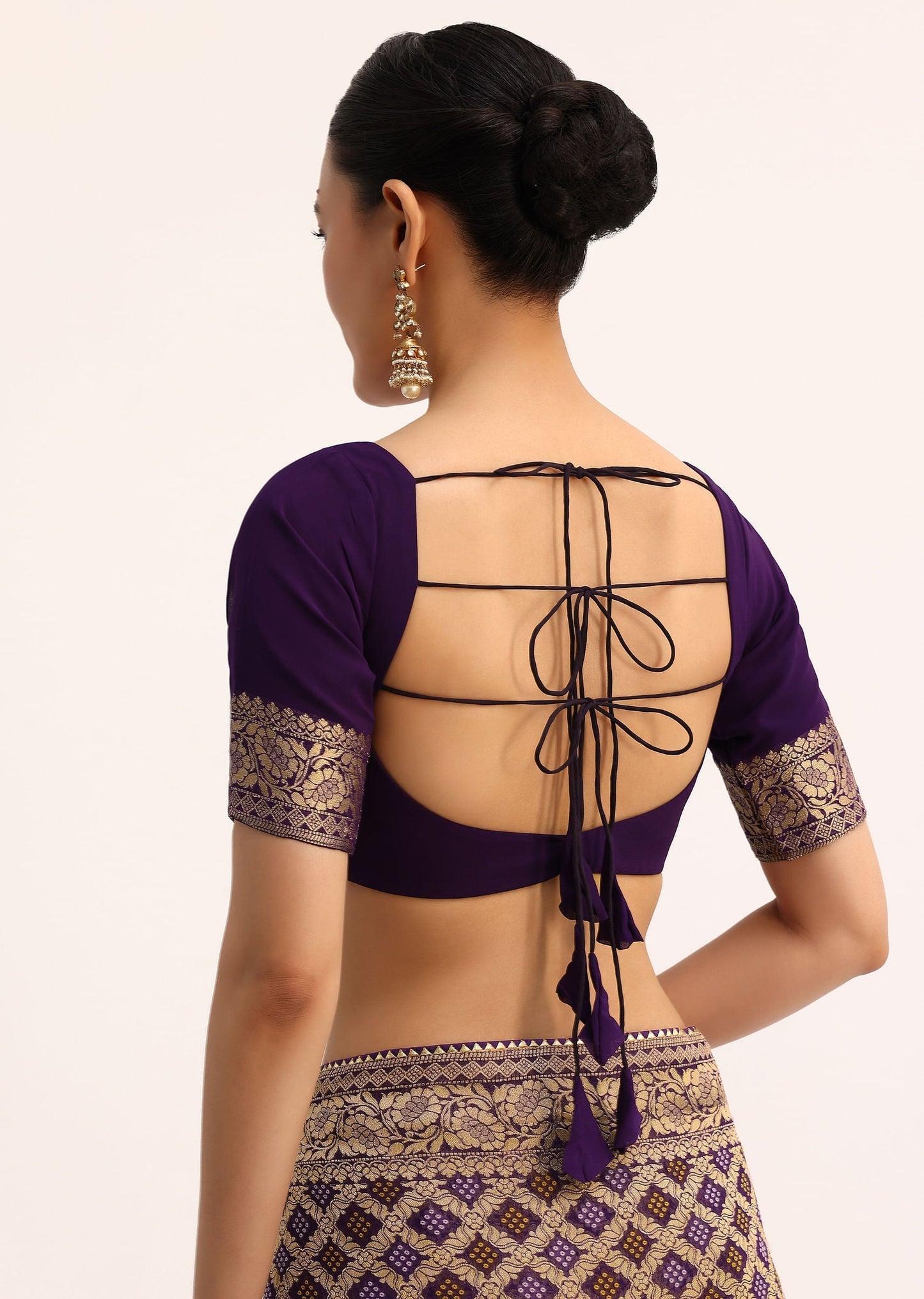 Purple Bandhani Tie Dye Ready To Wear Saree With Zari Jaal And Stitched Blouse