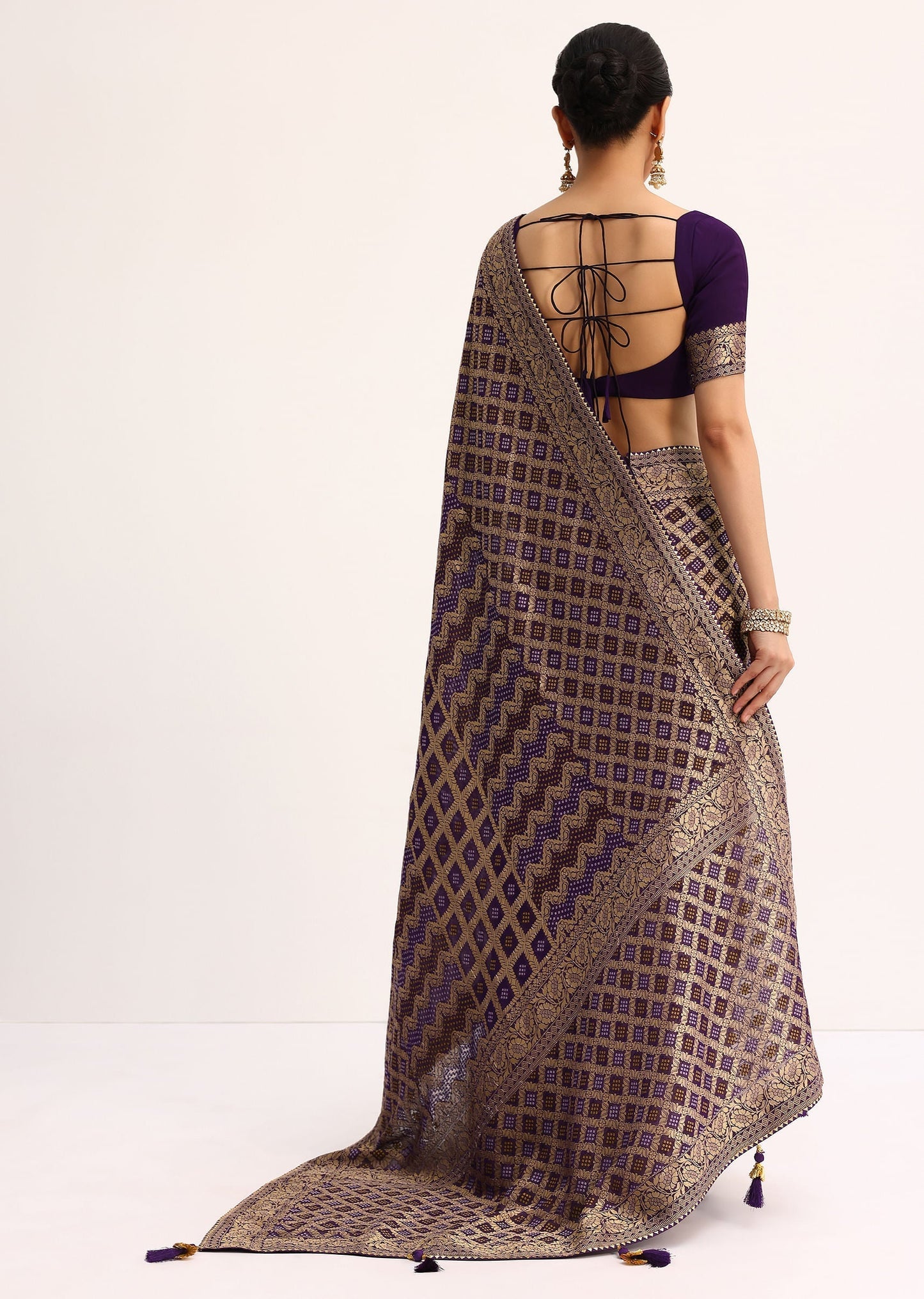 Purple Bandhani Tie Dye Ready To Wear Saree With Zari Jaal And Stitched Blouse