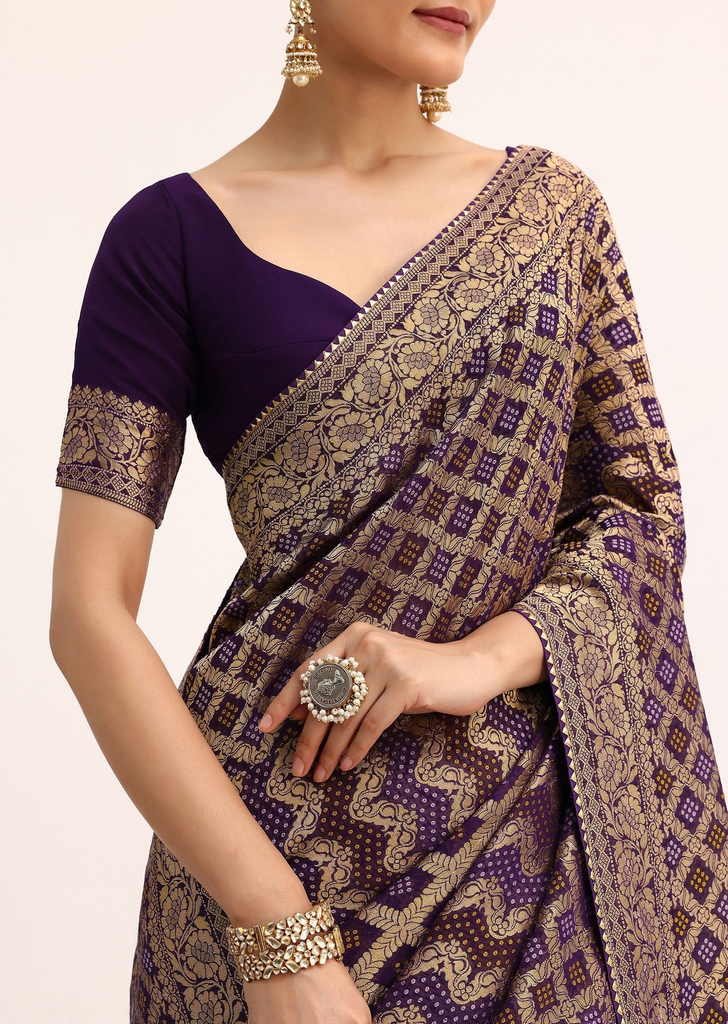 Purple Bandhani Tie Dye Ready To Wear Saree With Zari Jaal And Stitched Blouse