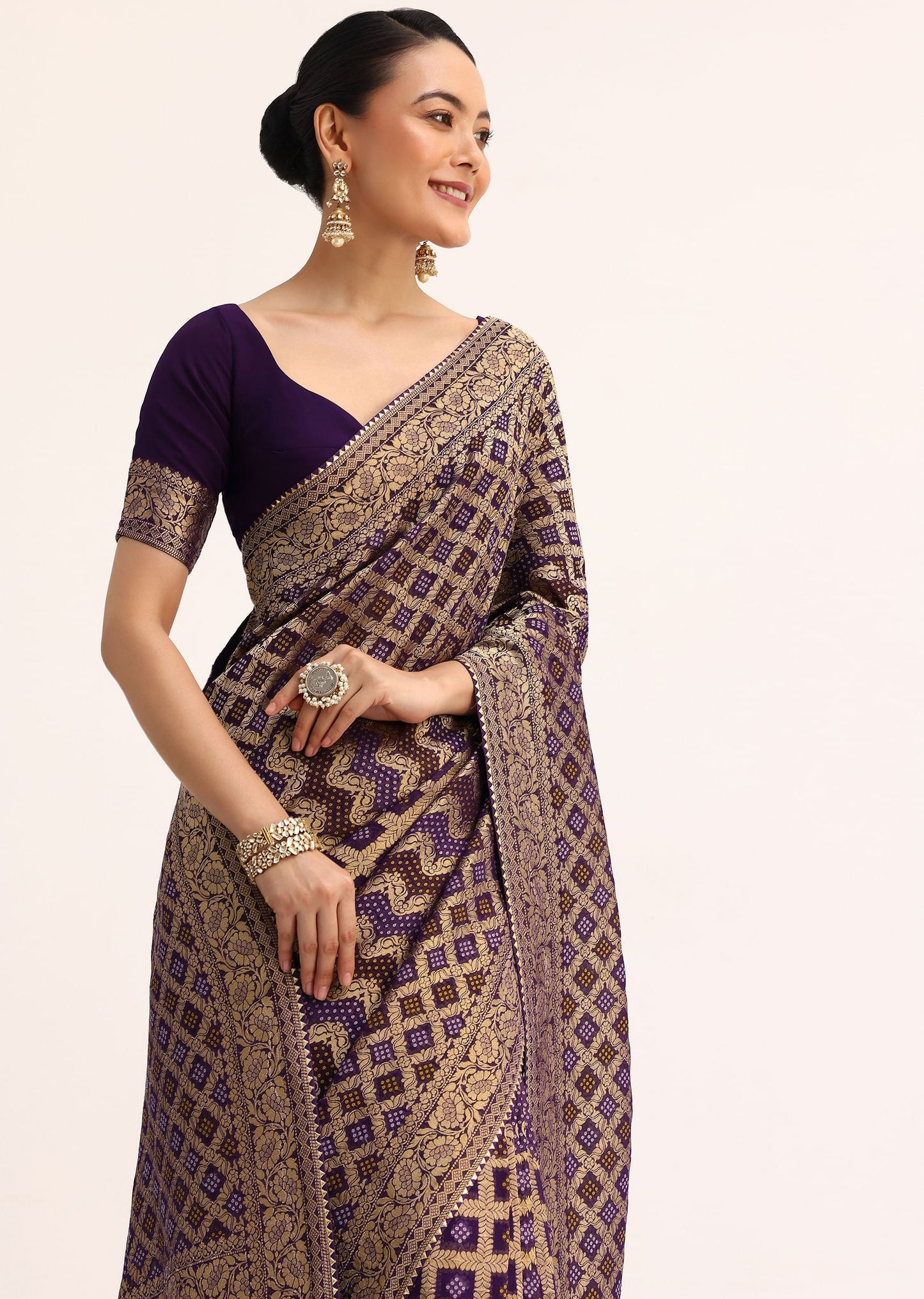 Purple Bandhani Tie Dye Ready To Wear Saree With Zari Jaal And Stitched Blouse