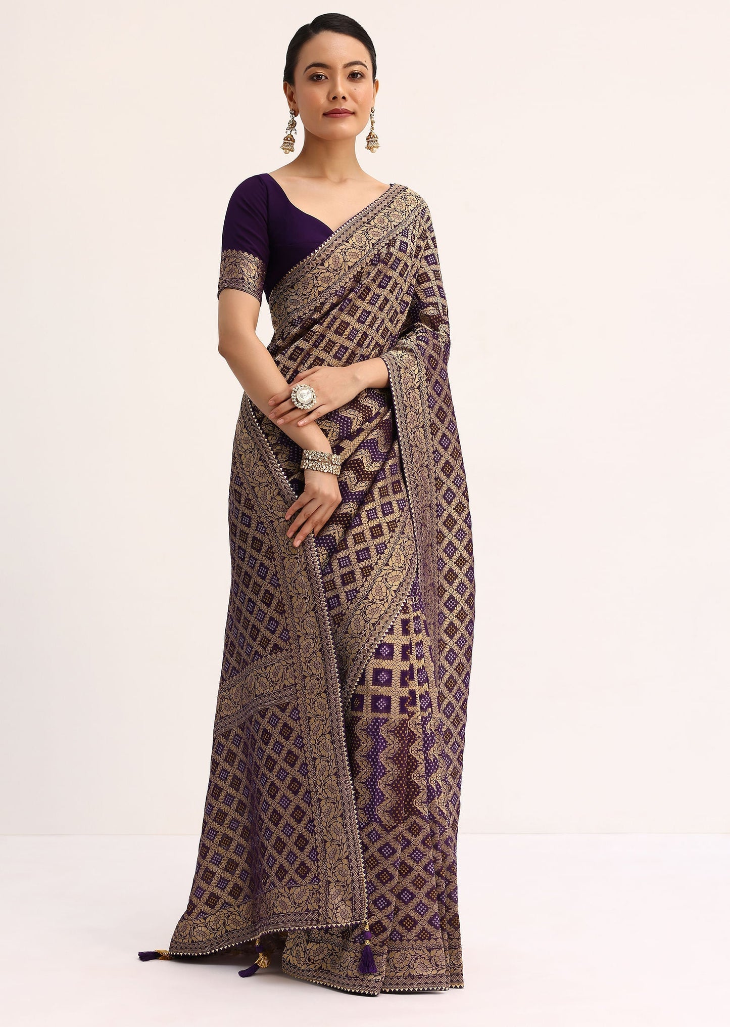 Purple Bandhani Tie Dye Ready To Wear Saree With Zari Jaal And Stitched Blouse