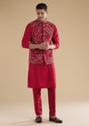 Red Embroidered Silk Kurta Jacket Set