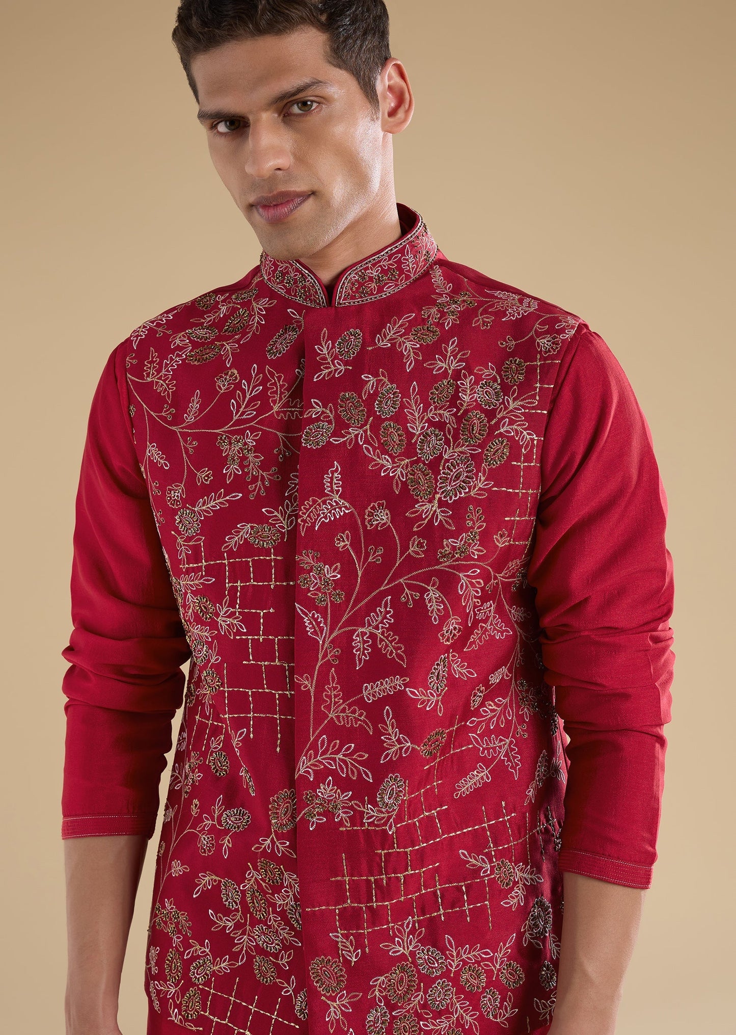 Red Embroidered Silk Kurta Jacket Set