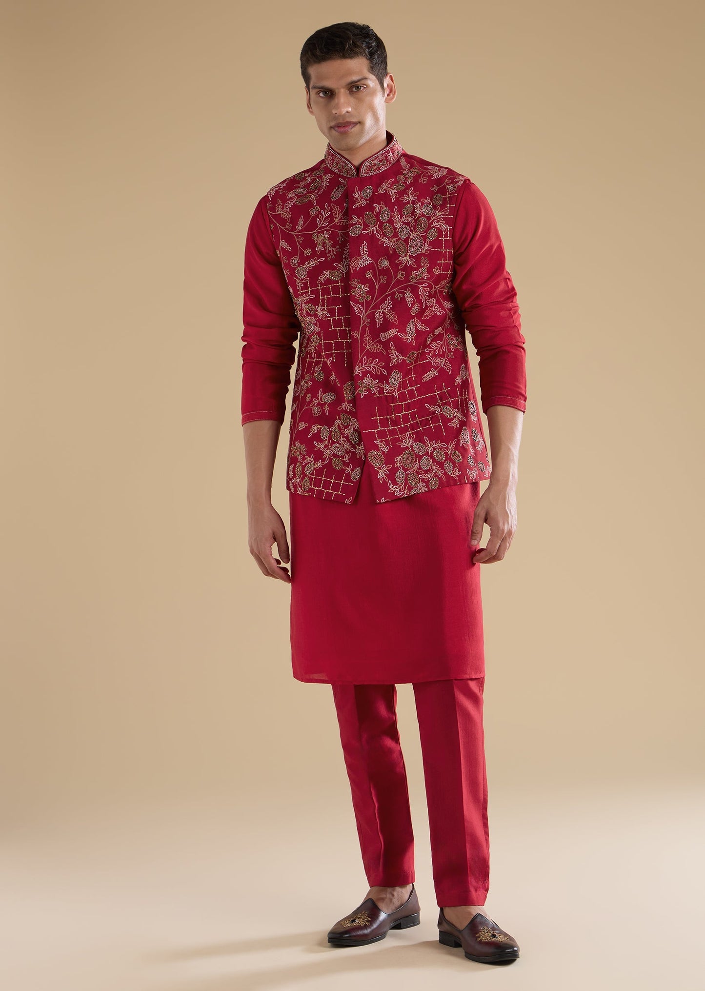 Red Embroidered Silk Kurta Jacket Set