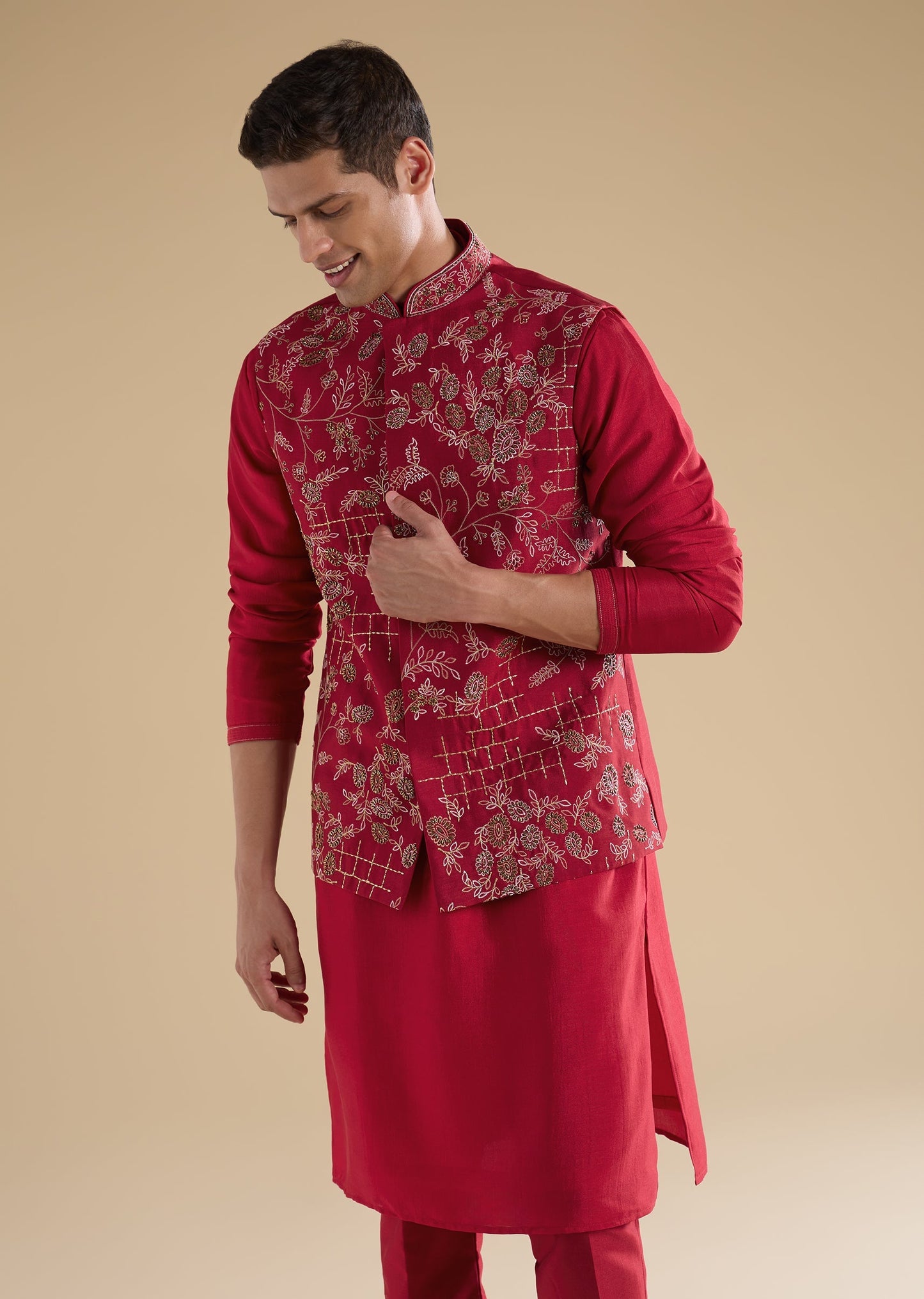 Red Embroidered Silk Kurta Jacket Set