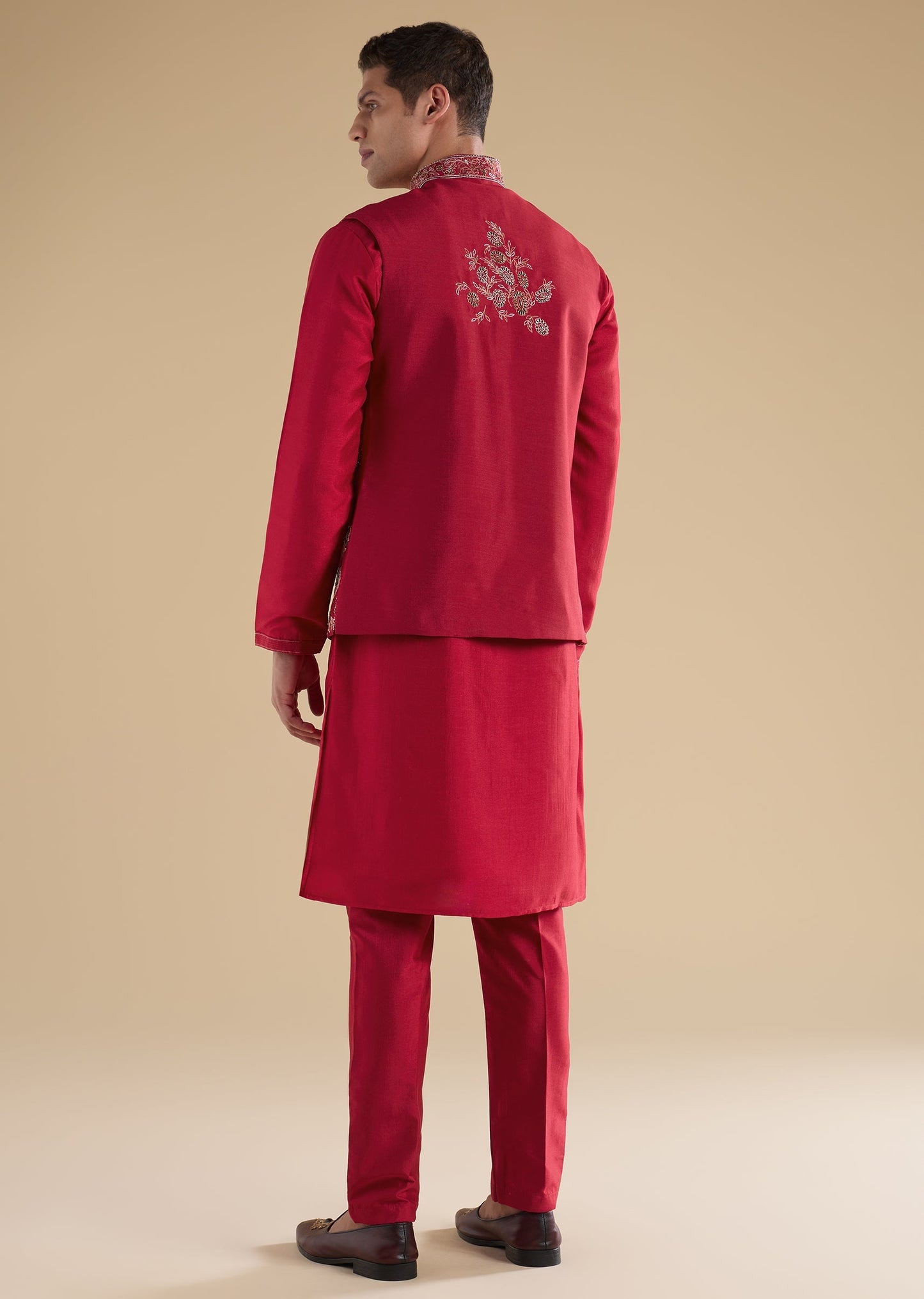 Red Embroidered Silk Kurta Jacket Set
