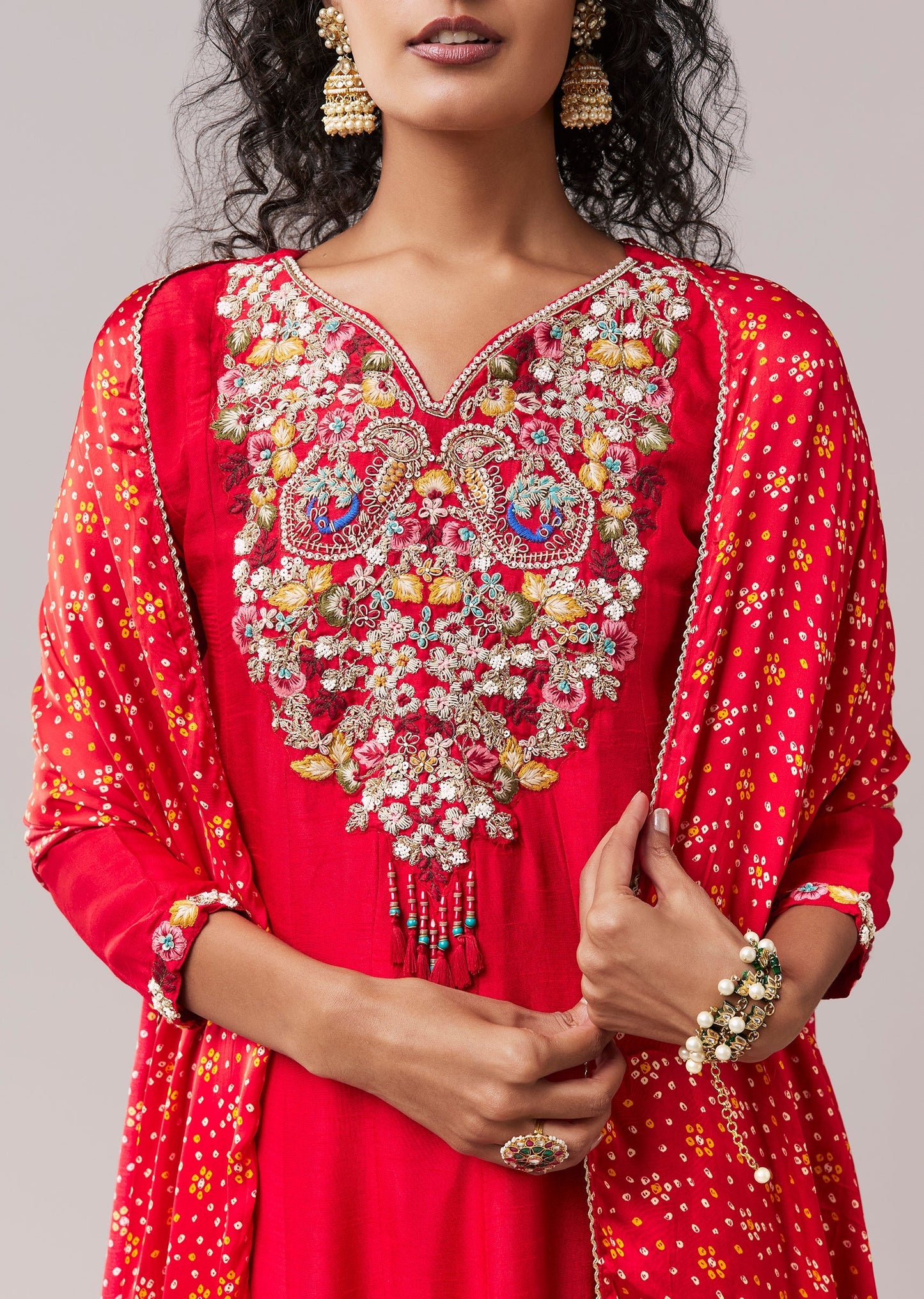 Red Resham Work Silk Anarkali Set